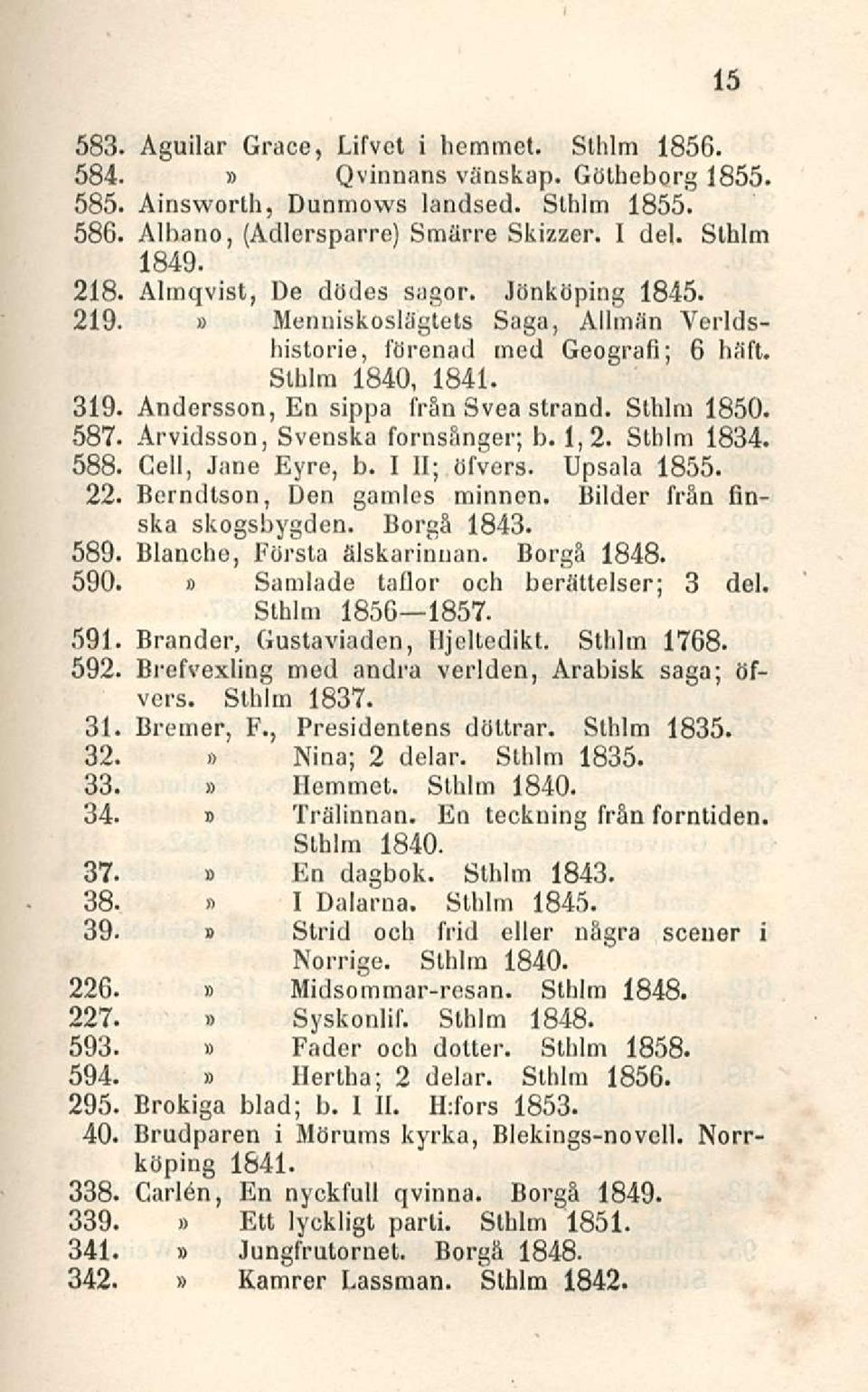 587. Arvidsson, Svenska fornsånger; b. 1,2. Sthlm 1834. 588. Cell, Jane Eyre, b. I H; öfvers. Upsala 1855. 22. Berndtson, Den gamles minnen. Bilder från finska skogsbygden. Borgå 1843. 589.