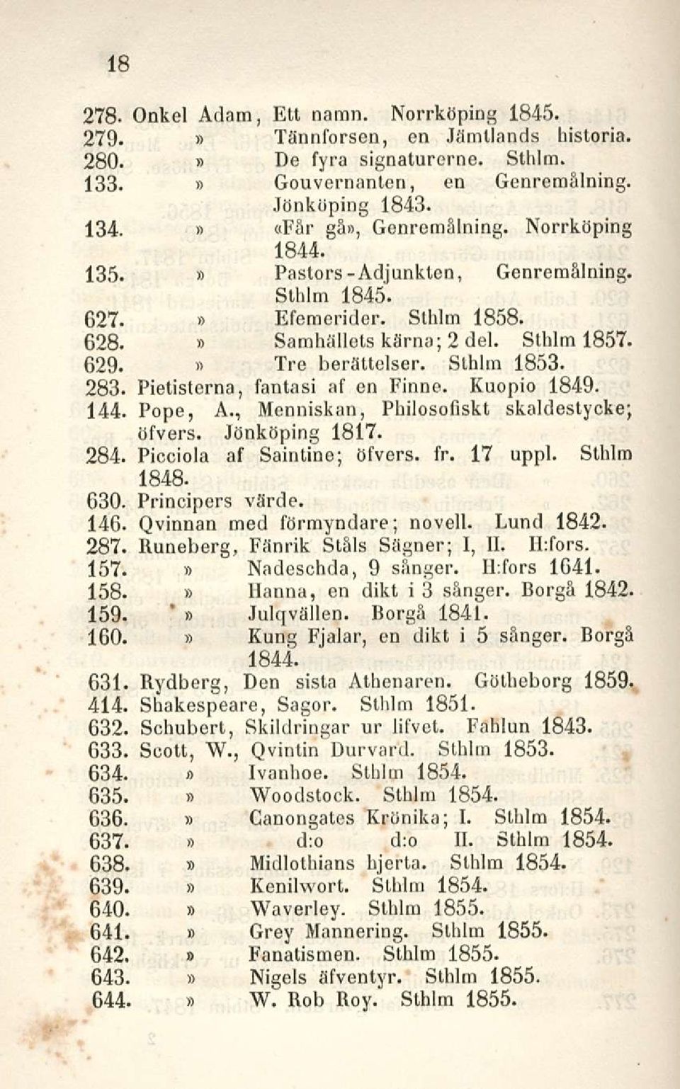 Pietisterna, fantasi af en Finne. Kuopio 1849. 144. Pope, A., Menniskan, Philosofiskt skaldestycke; öfvers. Jönköping 1817. 284. Picciola af Saintine; öfvers. fr. 17 uppl. Sthlm 1848. 630.