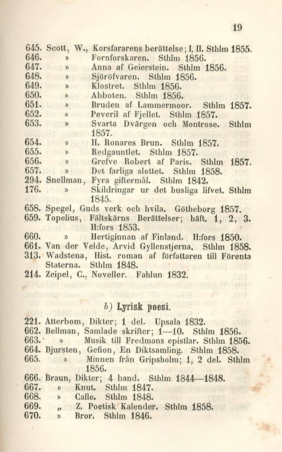 Sthlm 1857. 656. Grefve Robert af Paris. Sthlm 1857. 657. Det farliga slottet. Sthlm 1858. 294. Snellman, Fyra giftermål. Sthlm 1842. 176. Skildringar ur det husliga lifvet. Sthlm 1845. 658.