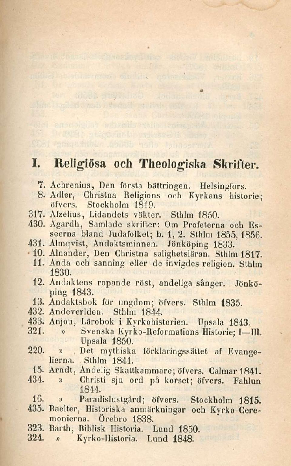 Alnander, Den Christna salighetsläran. Sthlm 1817. 11. Anda och sanning eller de invigdes religion. Sthlm 1830. 12. Andaktens ropande röst, andeliga sånger. Jönköping 1843. 13.