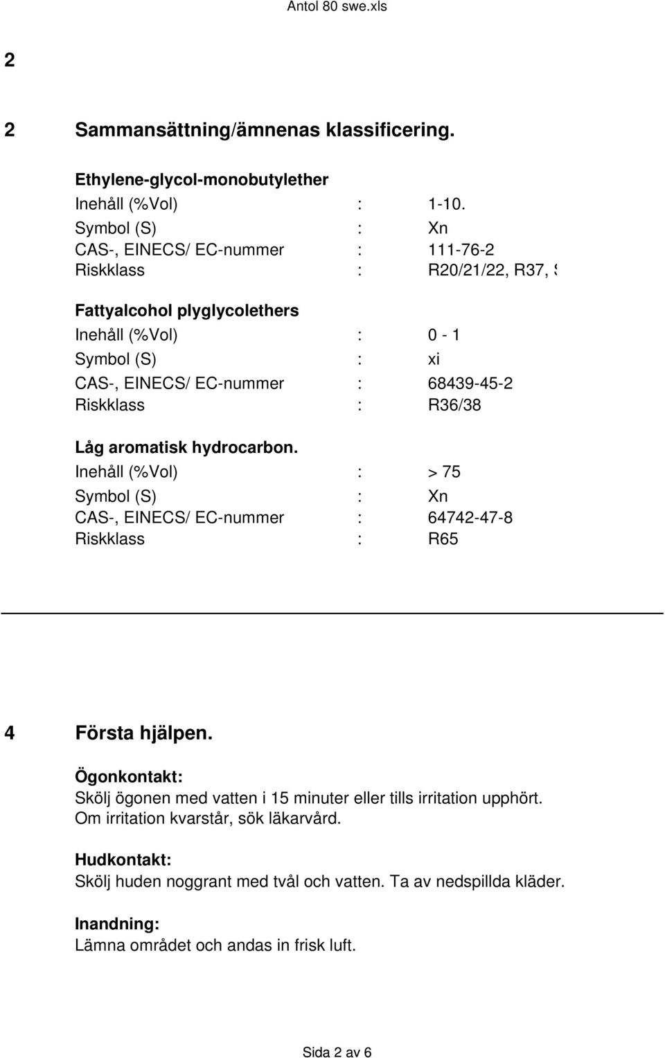 68439-45-2 Riskklass : R36/38 Låg aromatisk hydrocarbon. Inehåll (%Vol) : > 75 Symbol (S) : Xn CAS-, EINECS/ EC-nummer : 64742-47-8 Riskklass : R65 4 Första hjälpen.