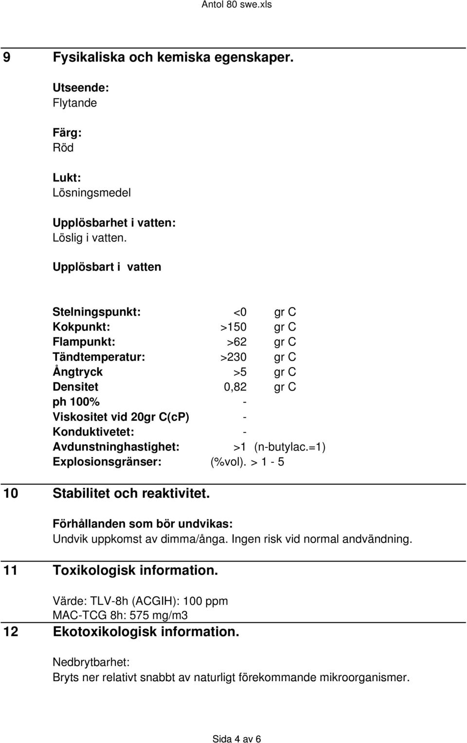 Konduktivetet: - Avdunstninghastighet: >1 (n-butylac.=1) Explosionsgränser: (%vol). > 1-5 10 Stabilitet och reaktivitet. Förhållanden som bör undvikas: Undvik uppkomst av dimma/ånga.