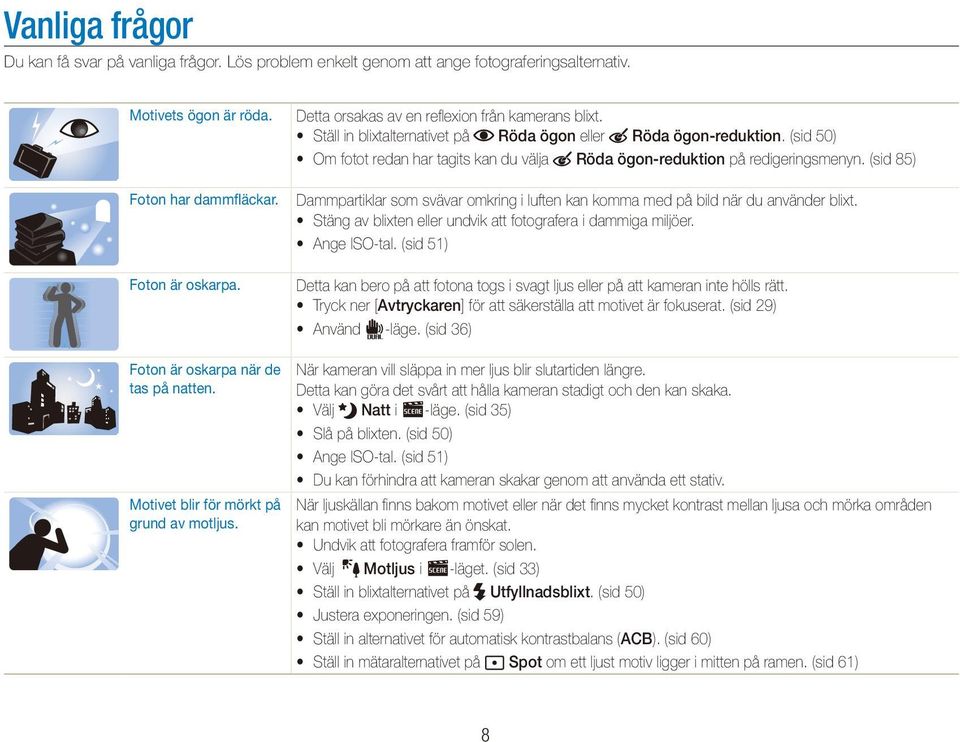 (sid 50) Om fotot redan har tagits kan du välja Röda ögon-reduktion på redigeringsmenyn. (sid 85) Dammpartiklar som svävar omkring i luften kan komma med på bild när du använder blixt.