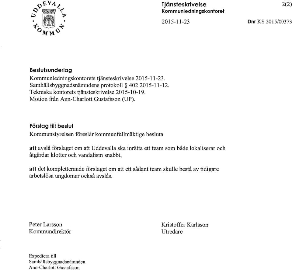Förslag till beslut Kommunstyrelsen föreslår kommunfuiimäktige besluta att avslå förslaget om att Uddevaila ska inrätta ett team som både lokaliserar och åtgärdar klotter och