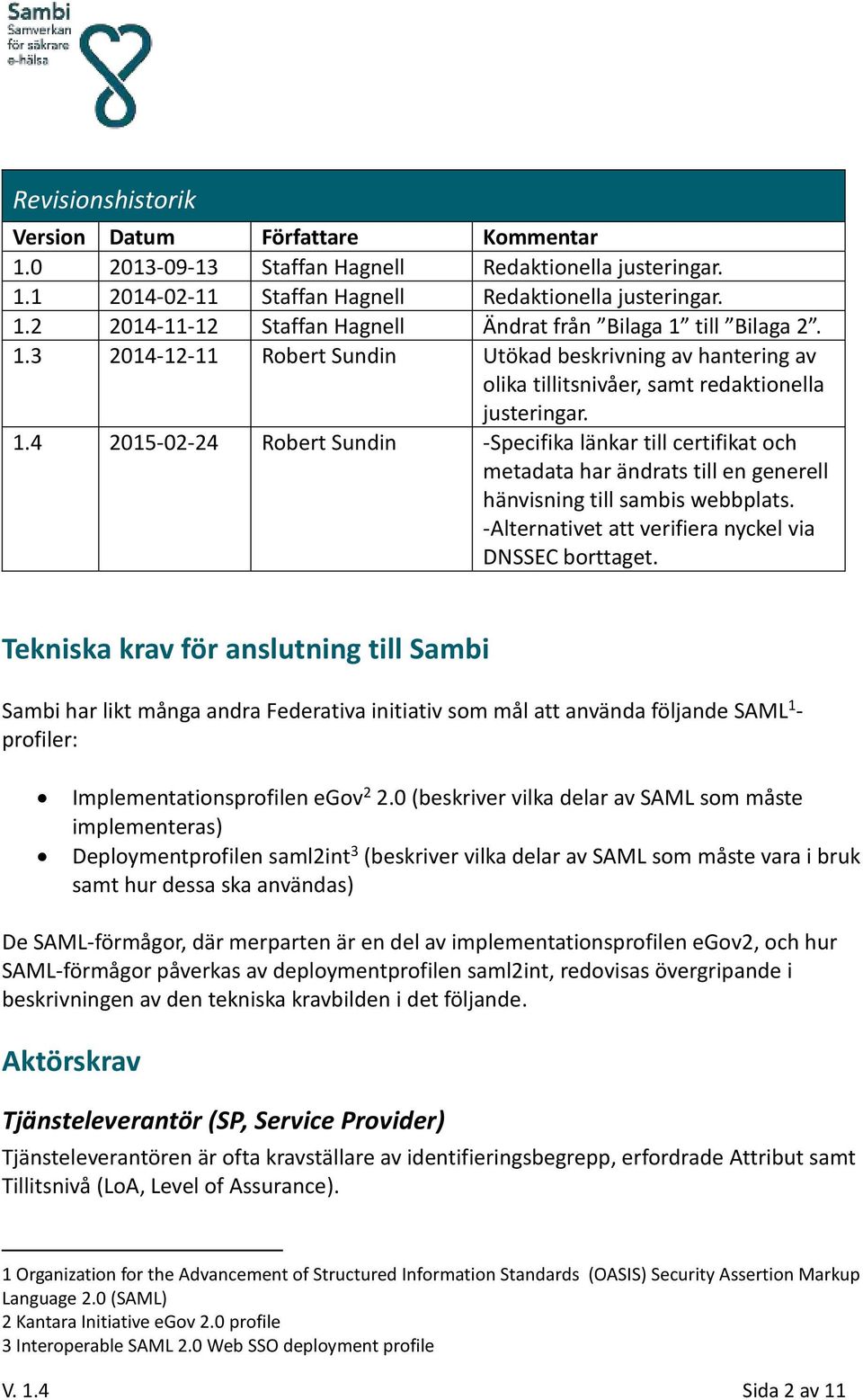 4 2015-02-24 Robert Sundin -Specifika länkar till certifikat och metadata har ändrats till en generell hänvisning till sambis webbplats. -Alternativet att verifiera nyckel via DNSSEC borttaget.