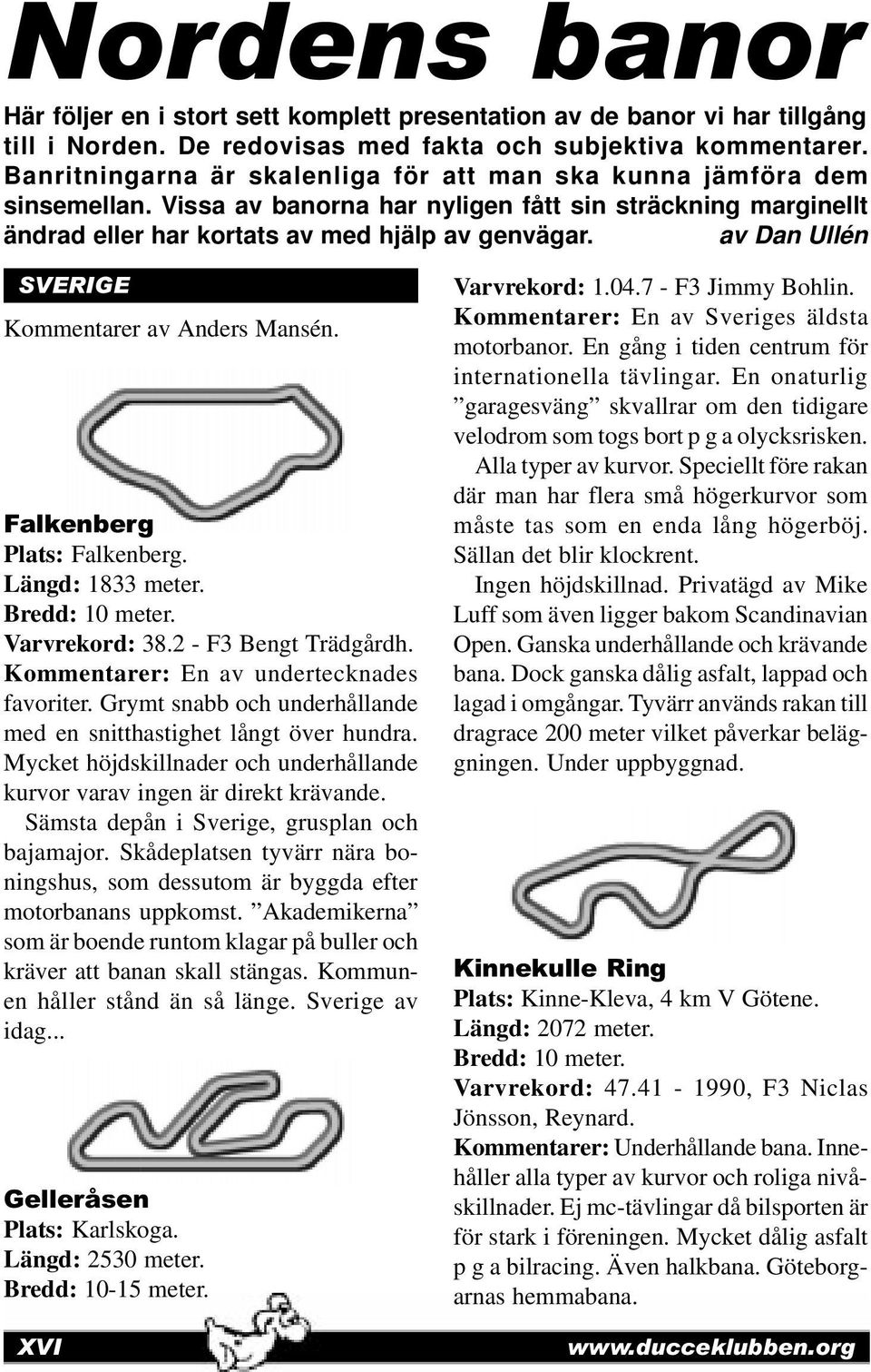 av Dan Ullén SVERIGE Kommentarer av Anders Mansén. Falkenberg Plats: Falkenberg. Längd: 1833 meter. Bredd: 10 meter. Varvrekord: 38.2 - F3 Bengt Trädgårdh. Kommentarer: En av undertecknades favoriter.