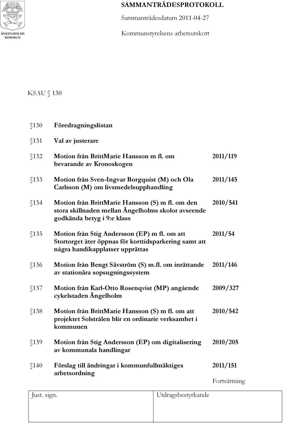 om den stora skillnaden mellan Ängelholms skolor avseende godkända betyg i 9:e klass 135 Motion från Stig Andersson (EP) m fl.