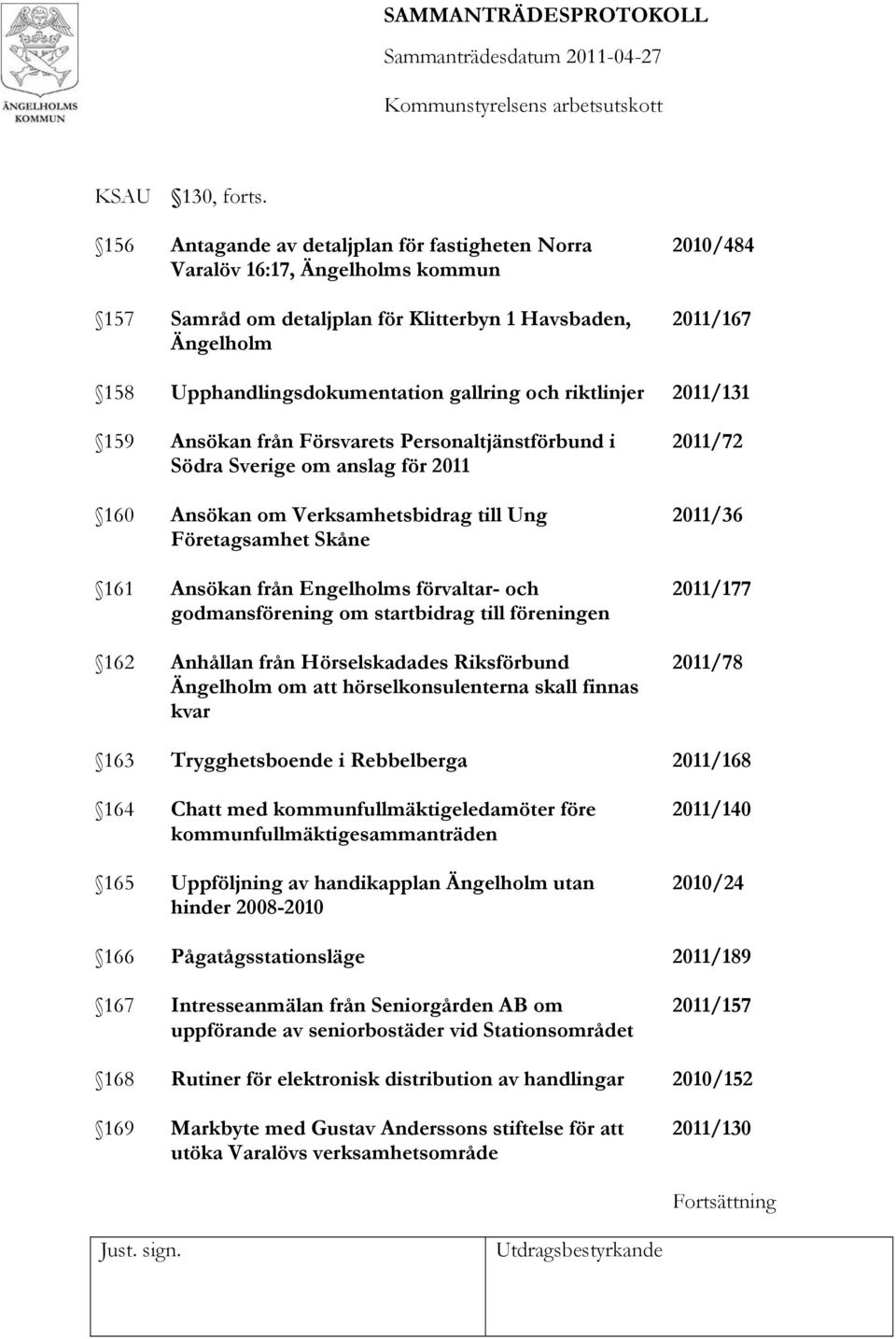 gallring och riktlinjer 2011/131 159 Ansökan från Försvarets Personaltjänstförbund i Södra Sverige om anslag för 2011 160 Ansökan om Verksamhetsbidrag till Ung Företagsamhet Skåne 161 Ansökan från