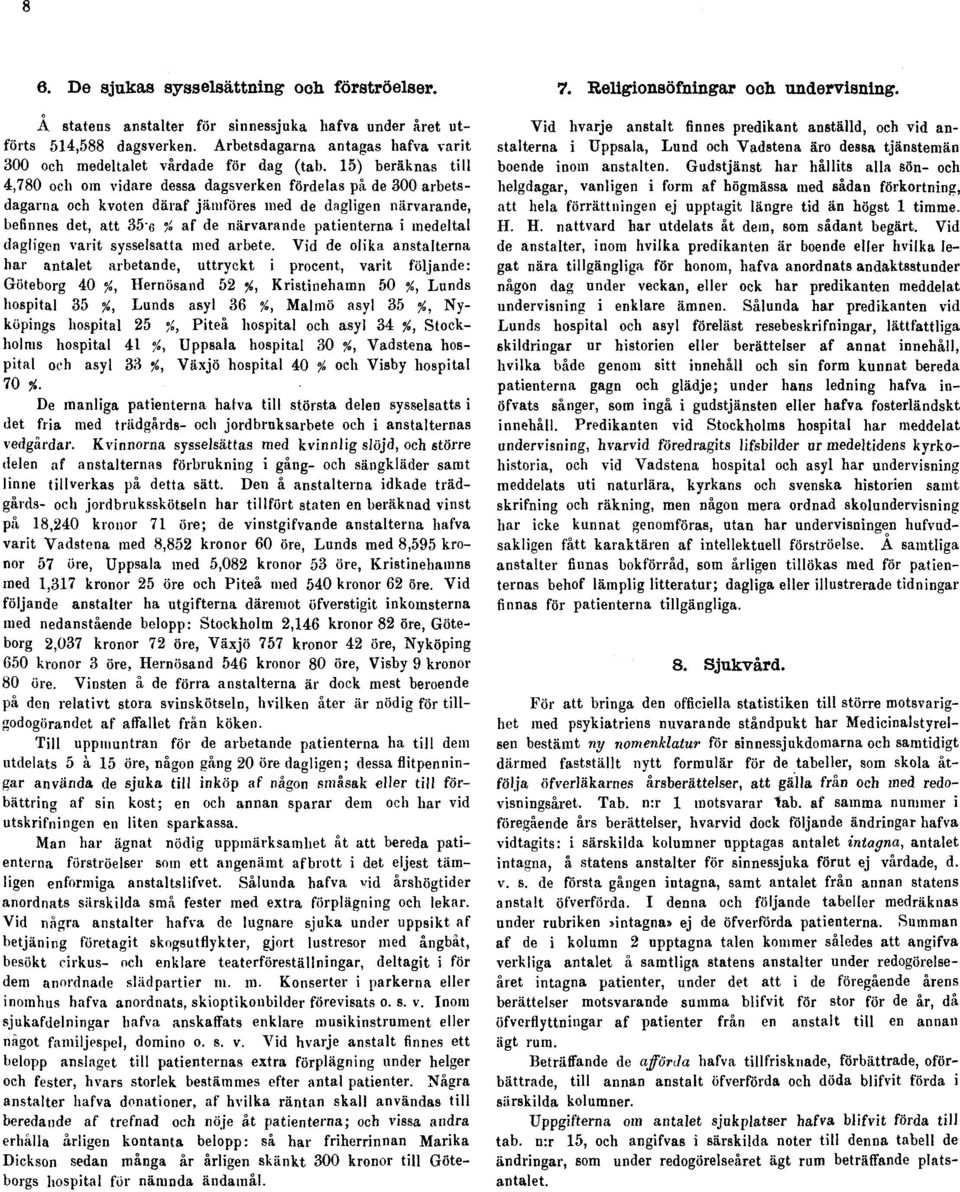 15) beräknas till 4,780 och om vidare dessa dagsverken fördelas på de 300 arbetsdagarna och kvoten däraf jämföres med de dagligen närvarande, befinnes det, att 35"6 % af de närvarande patienterna i