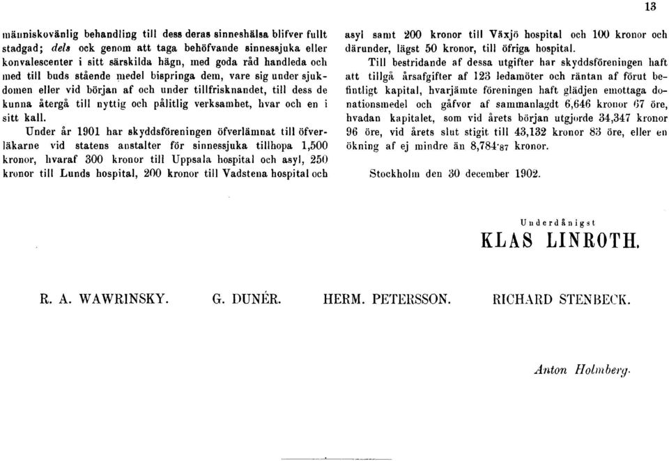 kall. Under år 1901 har skyddsföreningen öfverlämnat till öfverläkarne vid statens anstalter för sinnessjuka tillhopa 1,500 kronor, hvaraf 300 kronor till Uppsala hospital och asyl, 250 kronor till