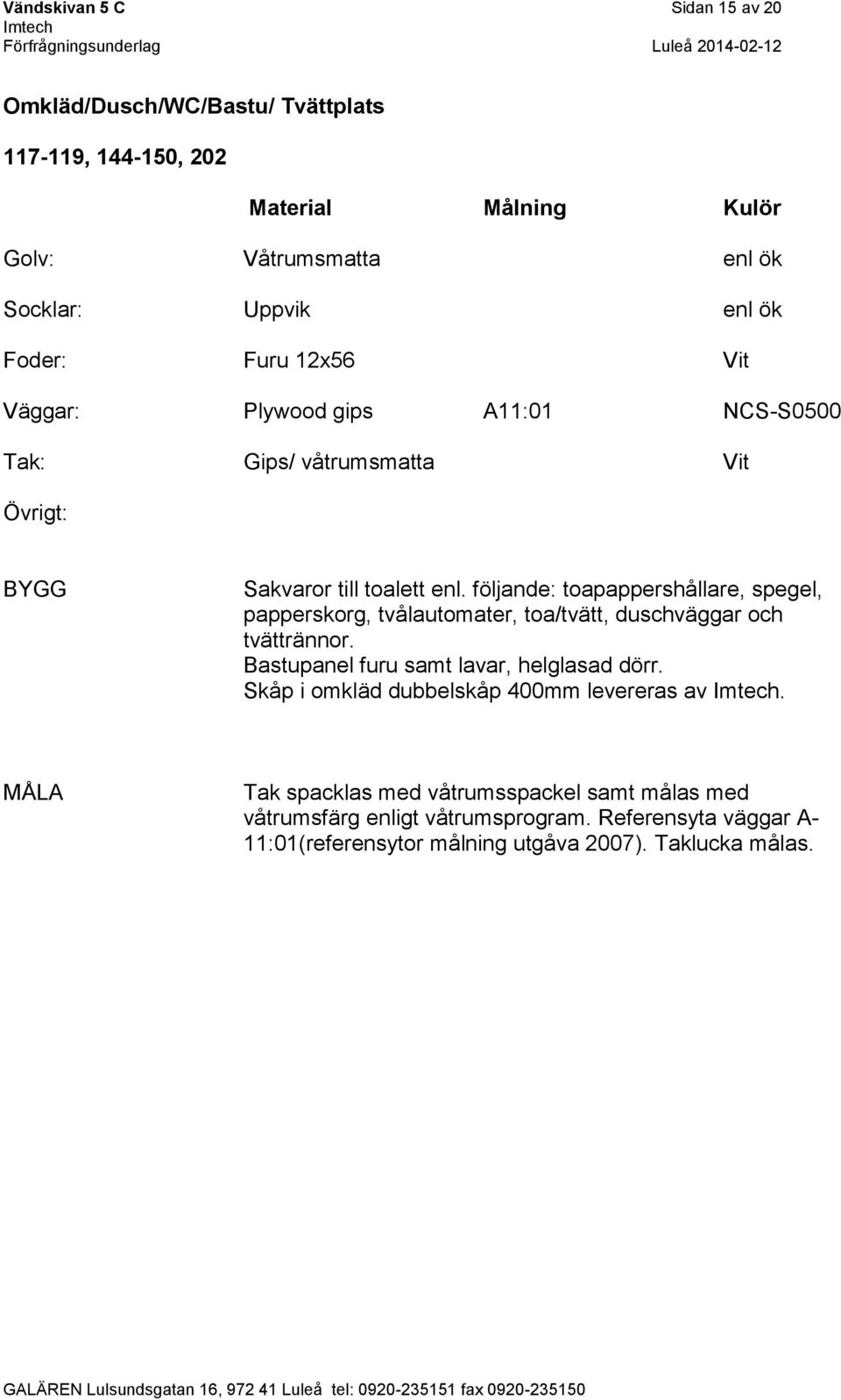 följande: toapappershållare, spegel, papperskorg, tvålautomater, toa/tvätt, duschväggar och tvättrännor.