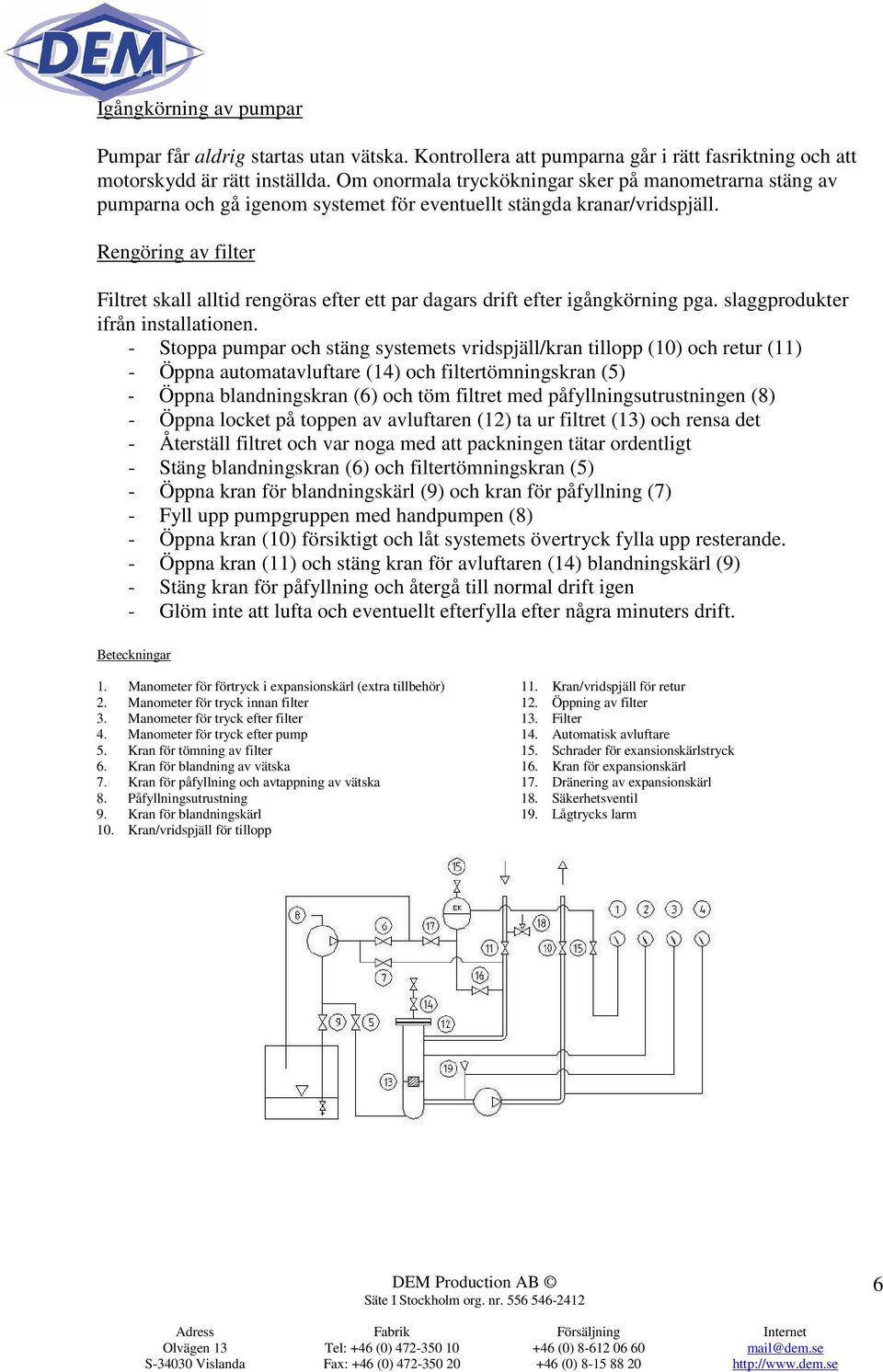 Rengöring av filter Filtret skall alltid rengöras efter ett par dagars drift efter igångkörning pga. slaggprodukter ifrån installationen.