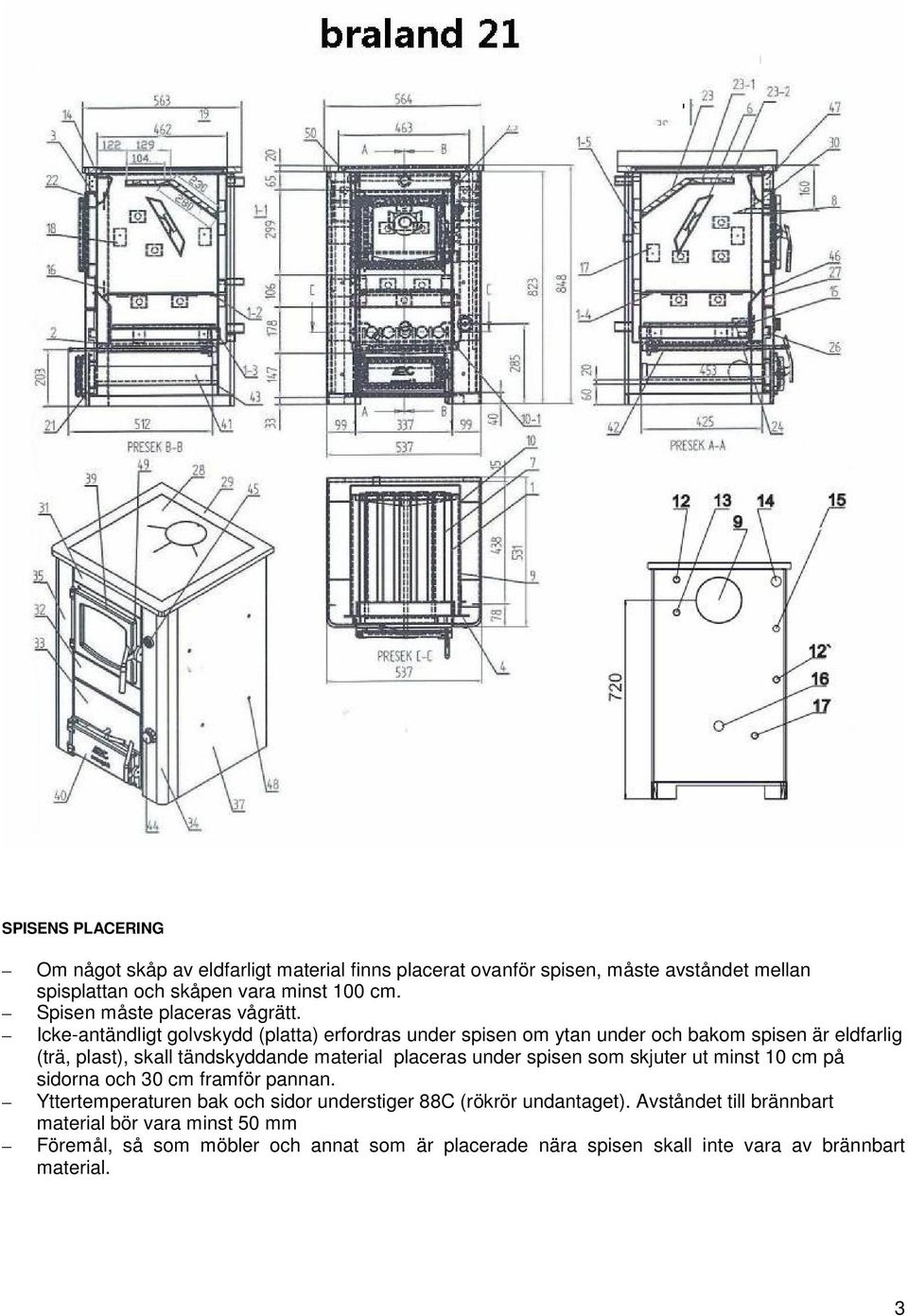 Icke-antändligt golvskydd (platta) erfordras under spisen om ytan under och bakom spisen är eldfarlig (trä, plast), skall tändskyddande material placeras under