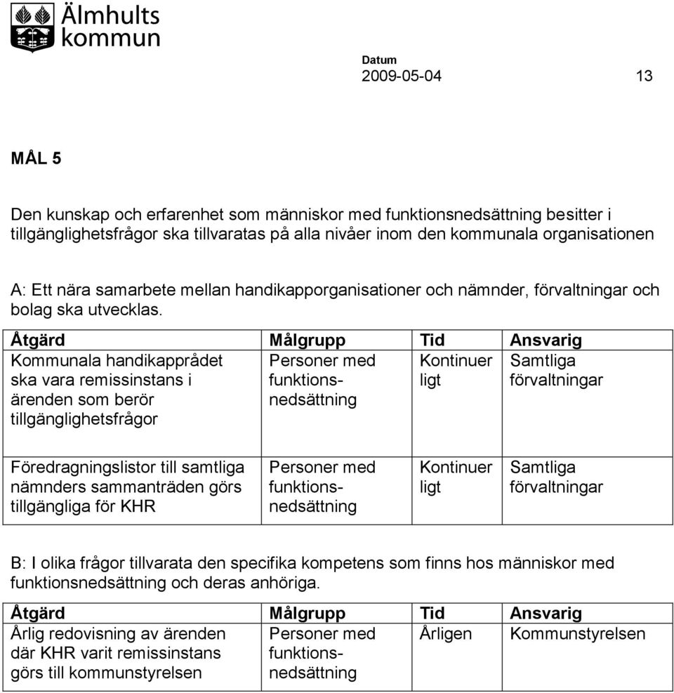 Kommunala handikapprådet ska vara remissinstans i ärenden som berör tillgänglighetsfrågor ligt Samtliga förvaltningar Föredragningslistor till samtliga nämnders sammanträden