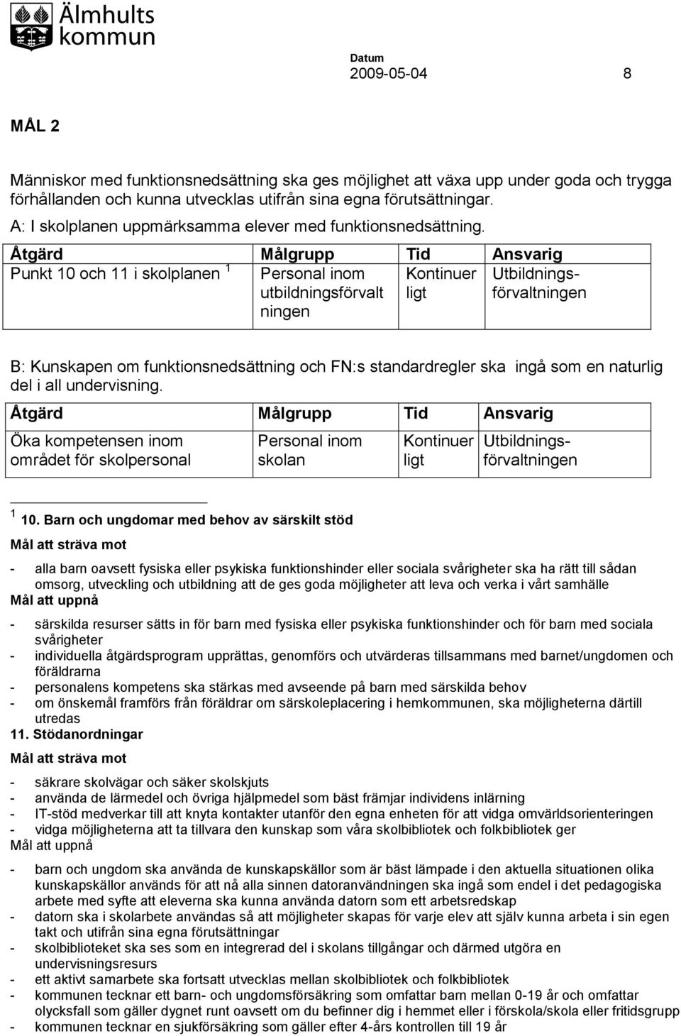 Öka kompetensen inom området för skolpersonal Personal inom skolan ligt Punkt 10 och 11 i skolplanen 1 Personal inom utbildningsförvalt ningen ligt Utbildningsförvaltningen Utbildningsförvaltningen 1