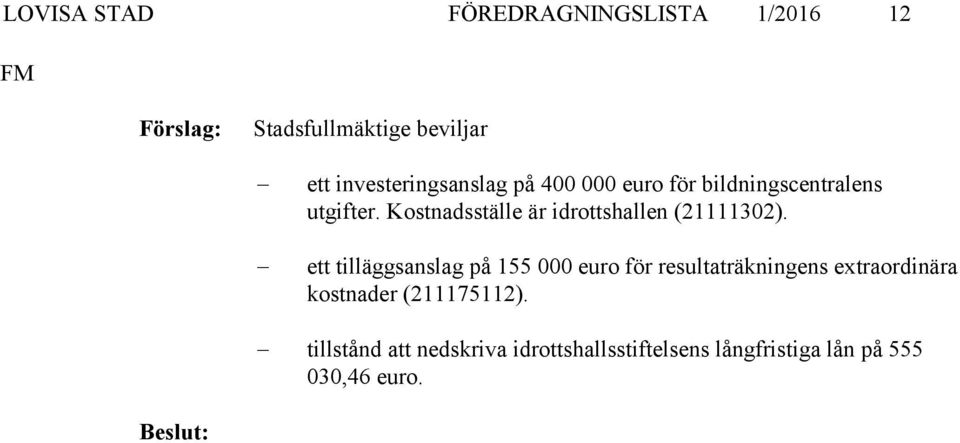 Kostnadsställe är idrottshallen (21111302).