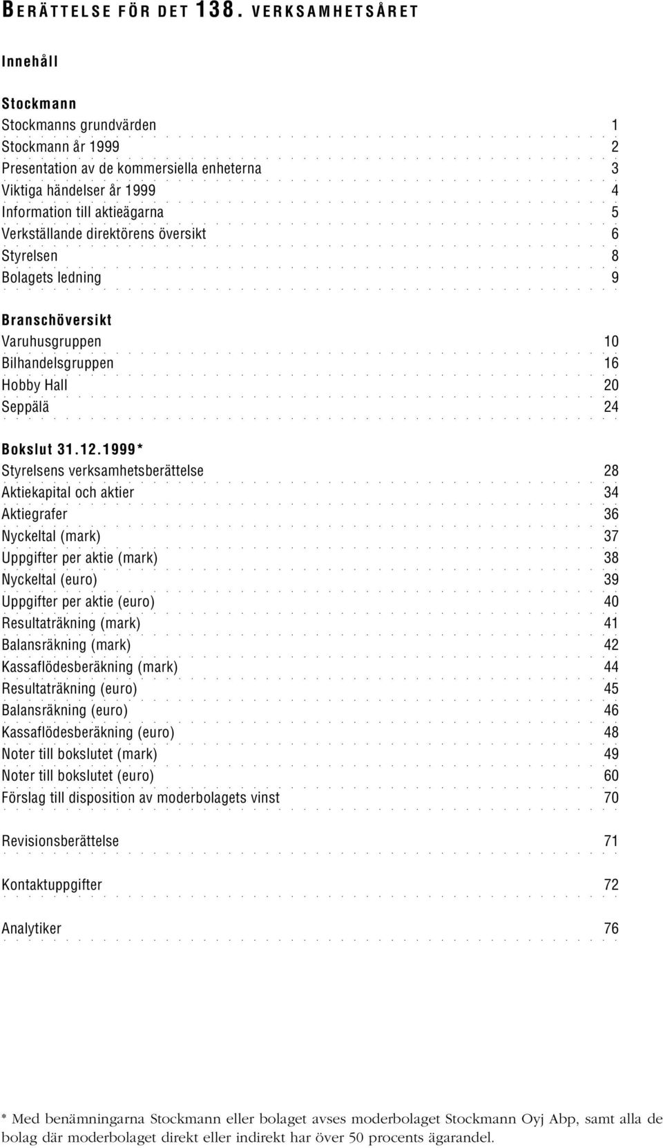 direktörens översikt 6 Styrelsen 8 Bolagets ledning 9 Branschöversikt Varuhusgruppen 1 Bilhandelsgruppen 16 Hobby Hall 2 Seppälä 24 Bokslut 31.12.