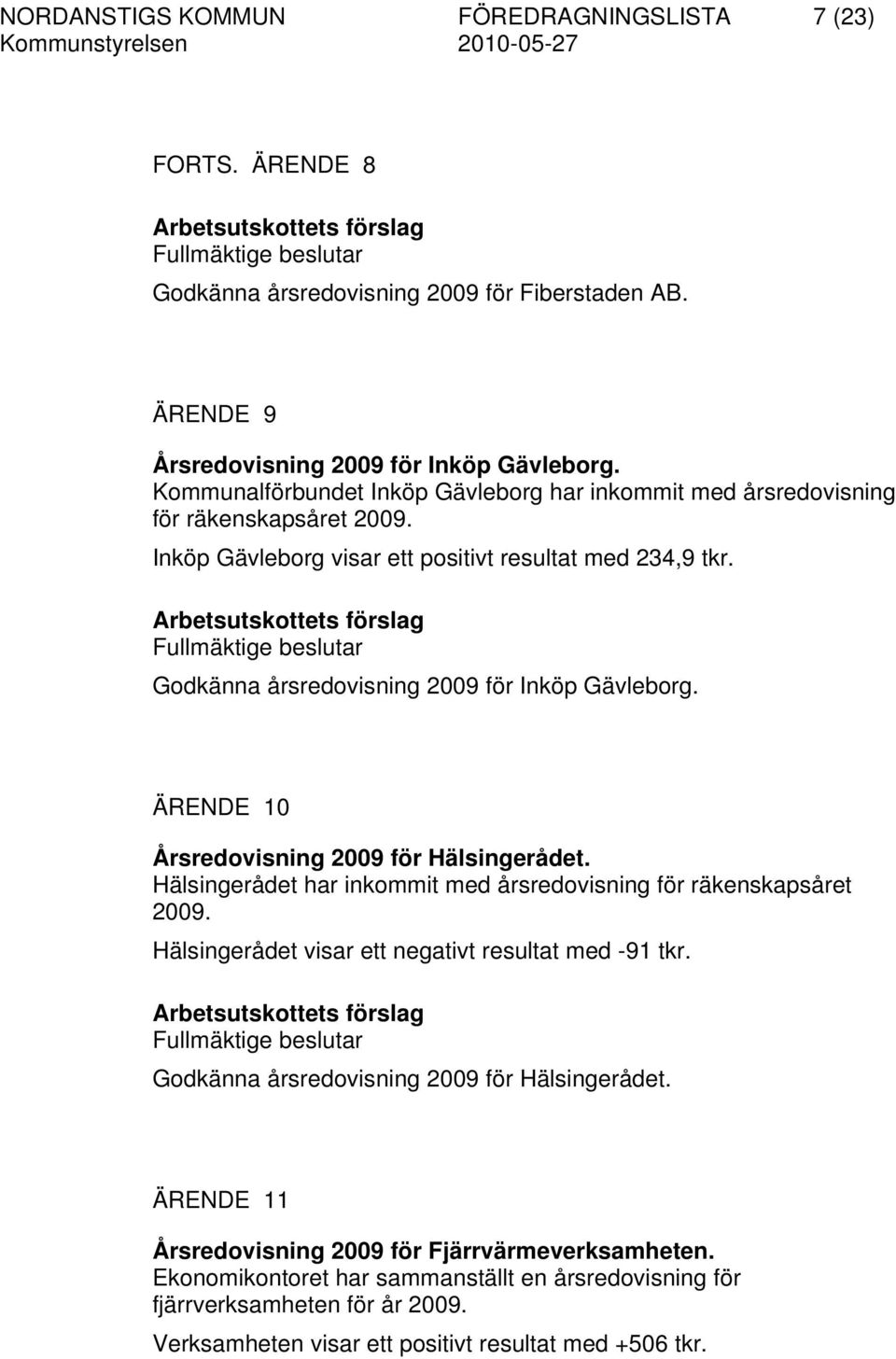 Fullmäktige beslutar Godkänna årsredovisning 2009 för Inköp Gävleborg. ÄRENDE 10 Årsredovisning 2009 för Hälsingerådet. Hälsingerådet har inkommit med årsredovisning för räkenskapsåret 2009.