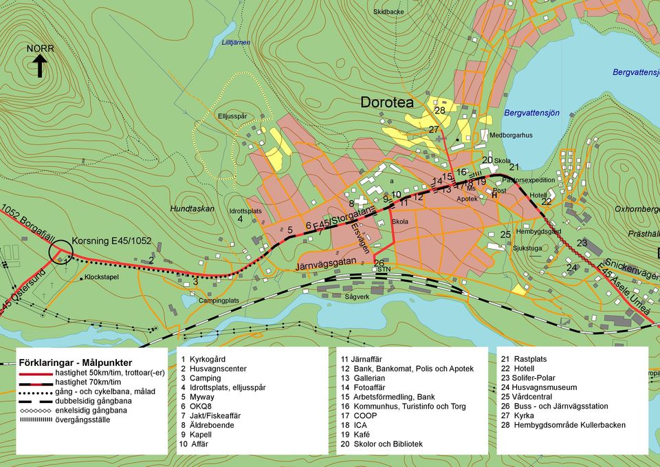 Förklaringar - Målpunkter hastighet 50km/tim, trottoar-er) hastighet 70km/tim gång - och cykelbana, målad dubbelsidig gångbana enkelsidig gångbana övergångsställe 1 Kyrkogård 2 Husvagnscenter 3