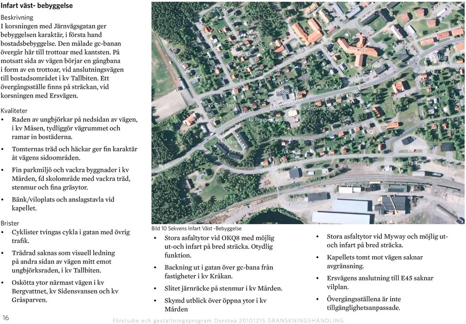 Kvaliteter Raden av ungbjörkar på nedsidan av vägen, i kv Måsen, tydliggör vägrummet och ramar in bostäderna. Tomternas träd och häckar ger fin karaktär åt vägens sidoområden.