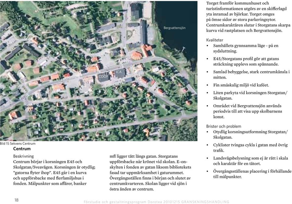 Kapell Skolgatan kv Örnen Järnaffär Sveavägen Stallgatan Bank kv Älgen E45/Storgatan Bank Apotek Kyrkogatan Skola Kommunhus Turistinfo Bibliotek Torget Kafé ICA COOP Parkvägen Rastplats Kvaliteter