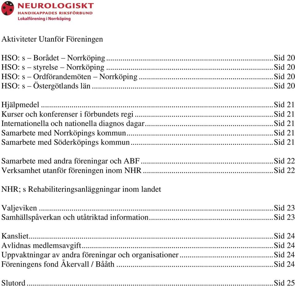 .. Sid 21 Samarbete med andra föreningar och ABF... Sid 22 Verksamhet utanför föreningen inom NHR... Sid 22 NHR; s Rehabiliteringsanläggningar inom landet Valjeviken.