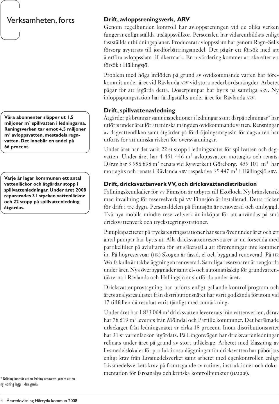 Under året 2008 reparerades 31 stycken vattenläckor och 22 stopp på spillvattenledning åtgärdas. * Relining innebör att en ledning renoveras genom att en ny ledning läggs i den gamla.