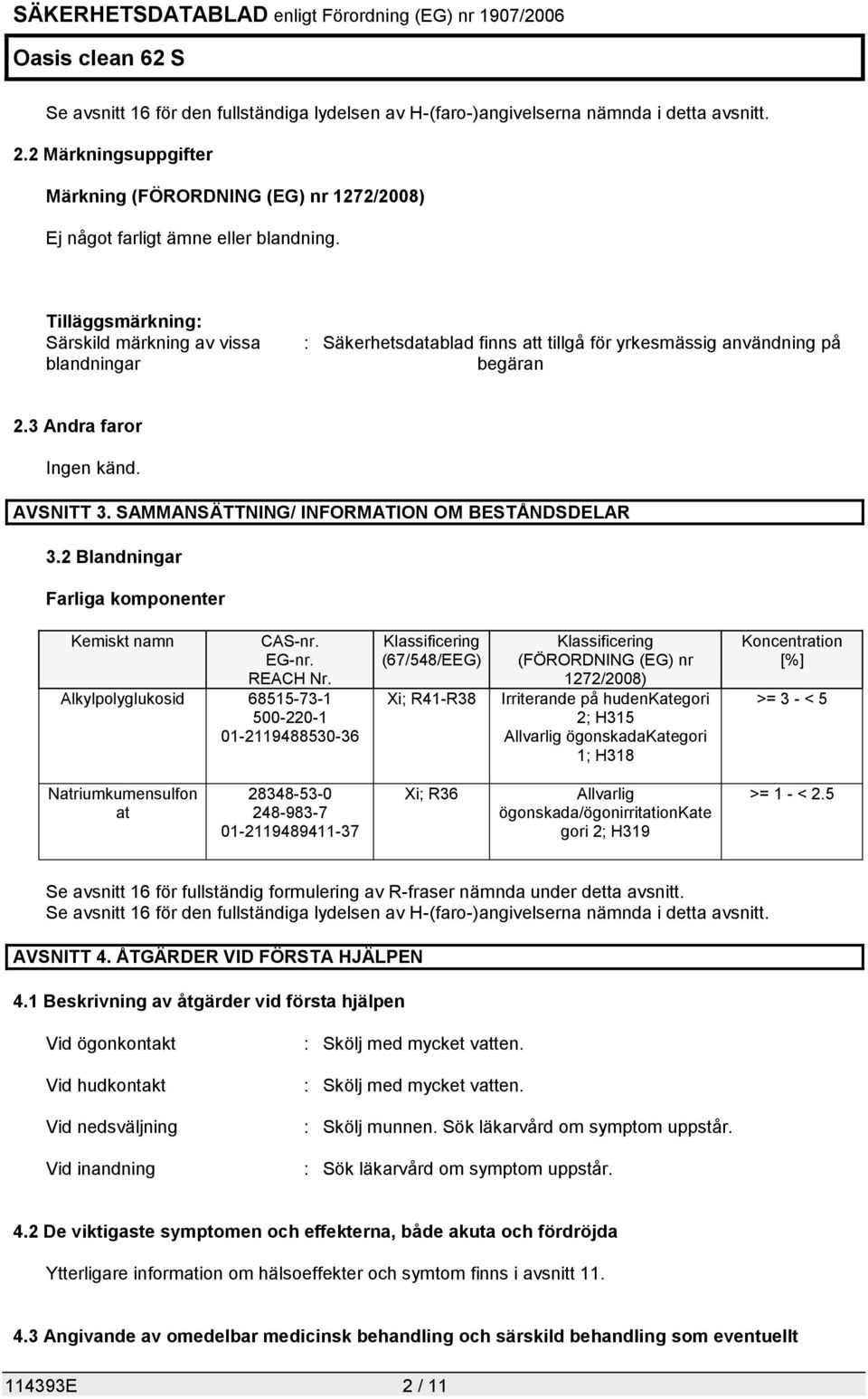 SAMMANSÄTTNING/ INFORMATION OM BESTÅNDSDELAR 3.2 Blandningar Farliga komponenter Kemiskt namn CAS-nr. EG-nr. REACH Nr.