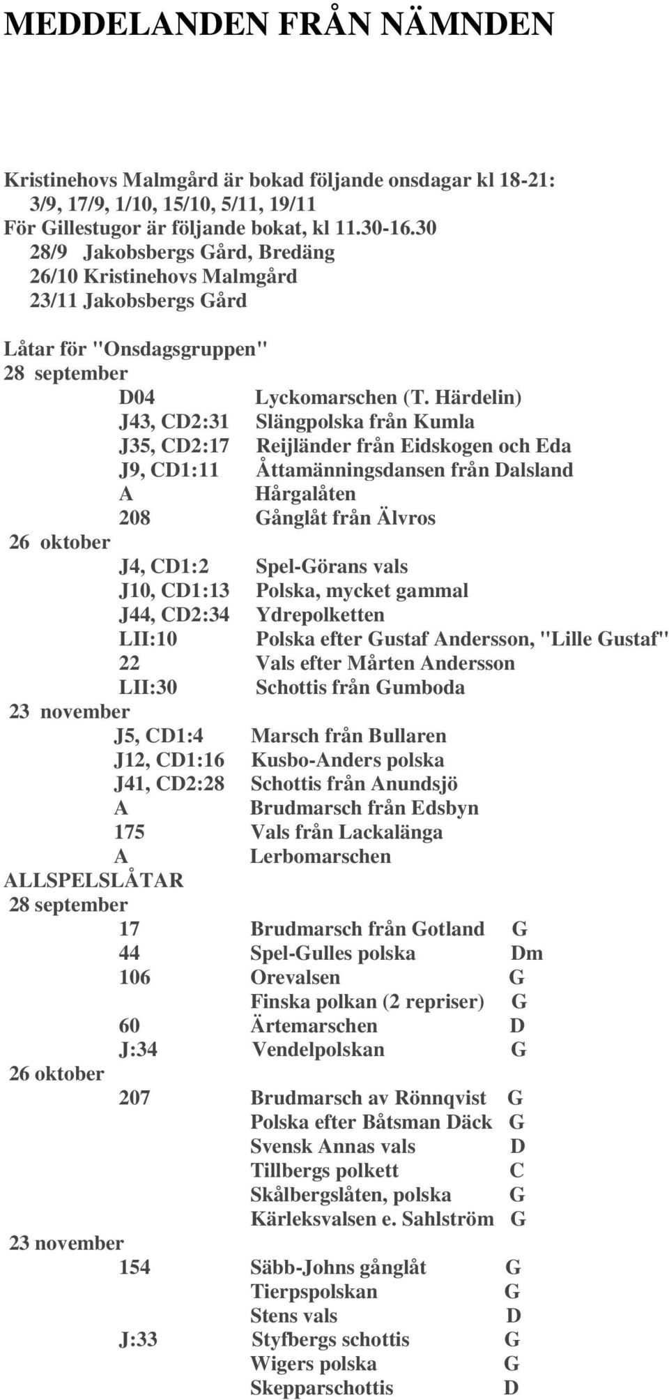 Härdelin) J43, CD2:31 Slängpolska från Kumla J35, CD2:17 Reijländer från Eidskogen och Eda J9, CD1:11 Åttamänningsdansen från Dalsland Hårgalåten 208 Gånglåt från Älvros 26 oktober J4, CD1:2