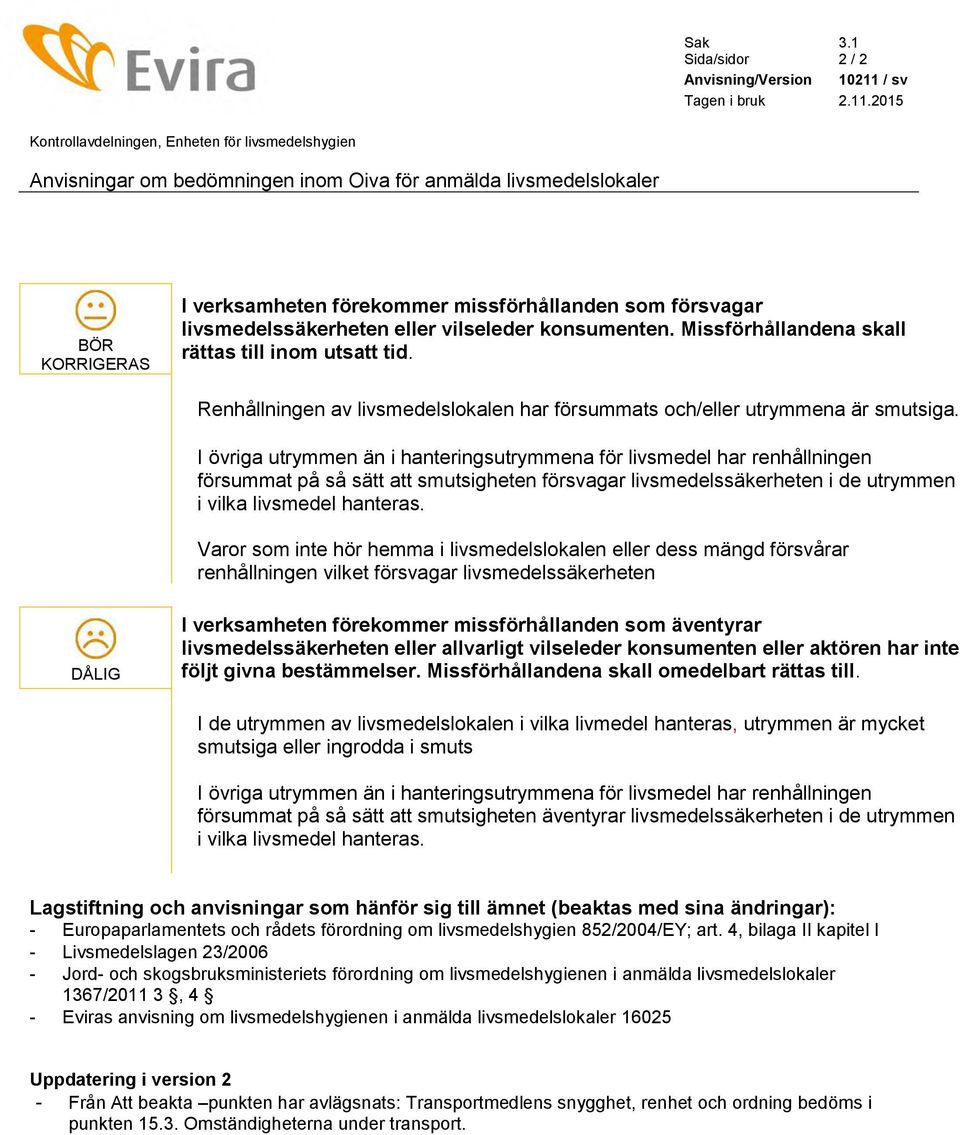 2015 Kontrollavdelningen, Enheten för livsmedelshygien Anvisningar om bedömningen inom Oiva för anmälda livsmedelslokaler BÖR KORRIGERAS I verksamheten förekommer missförhållanden som försvagar