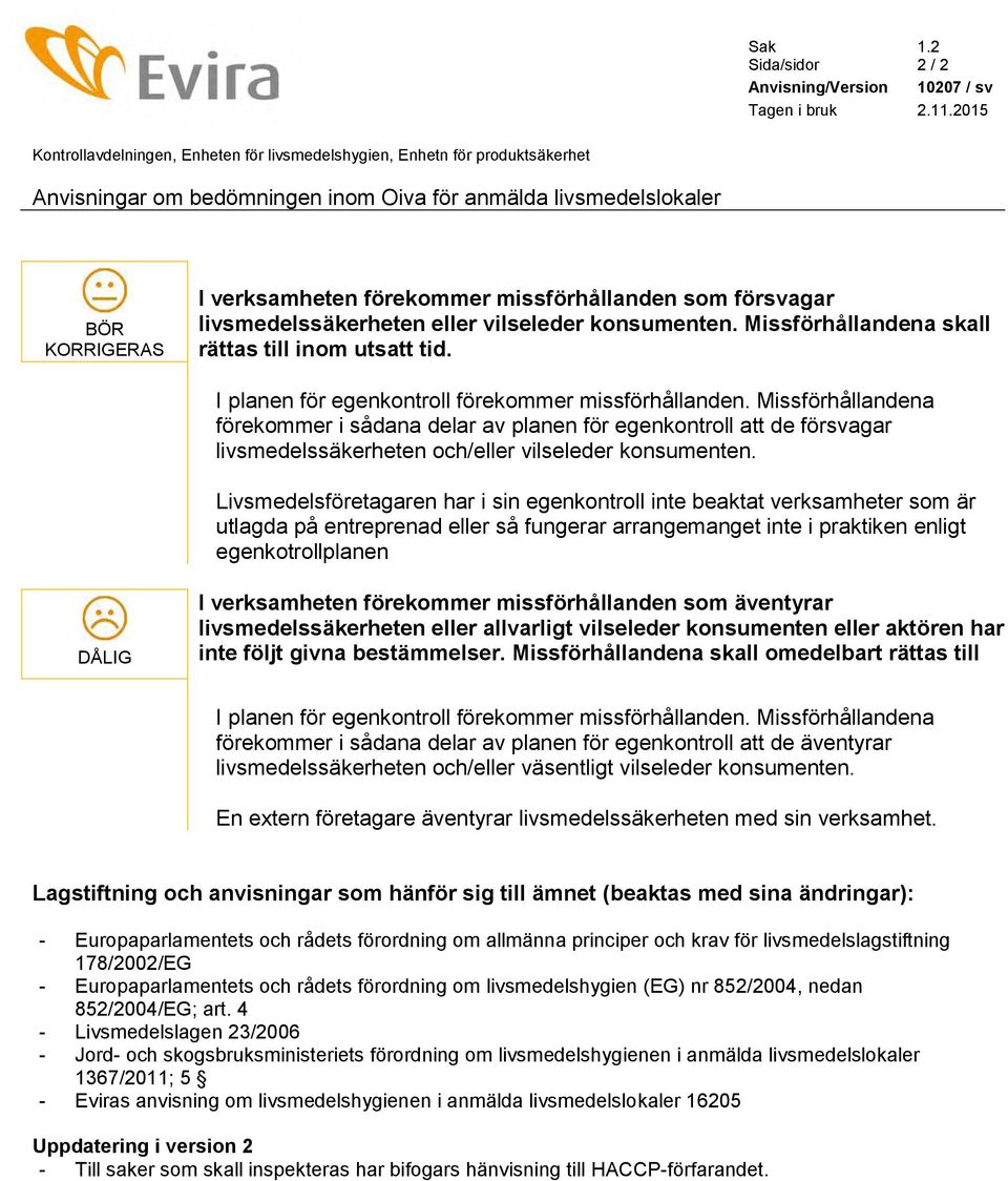 missförhållanden som försvagar livsmedelssäkerheten eller vilseleder konsumenten. Missförhållandena skall rättas till inom utsatt tid. I planen för egenkontroll förekommer missförhållanden.