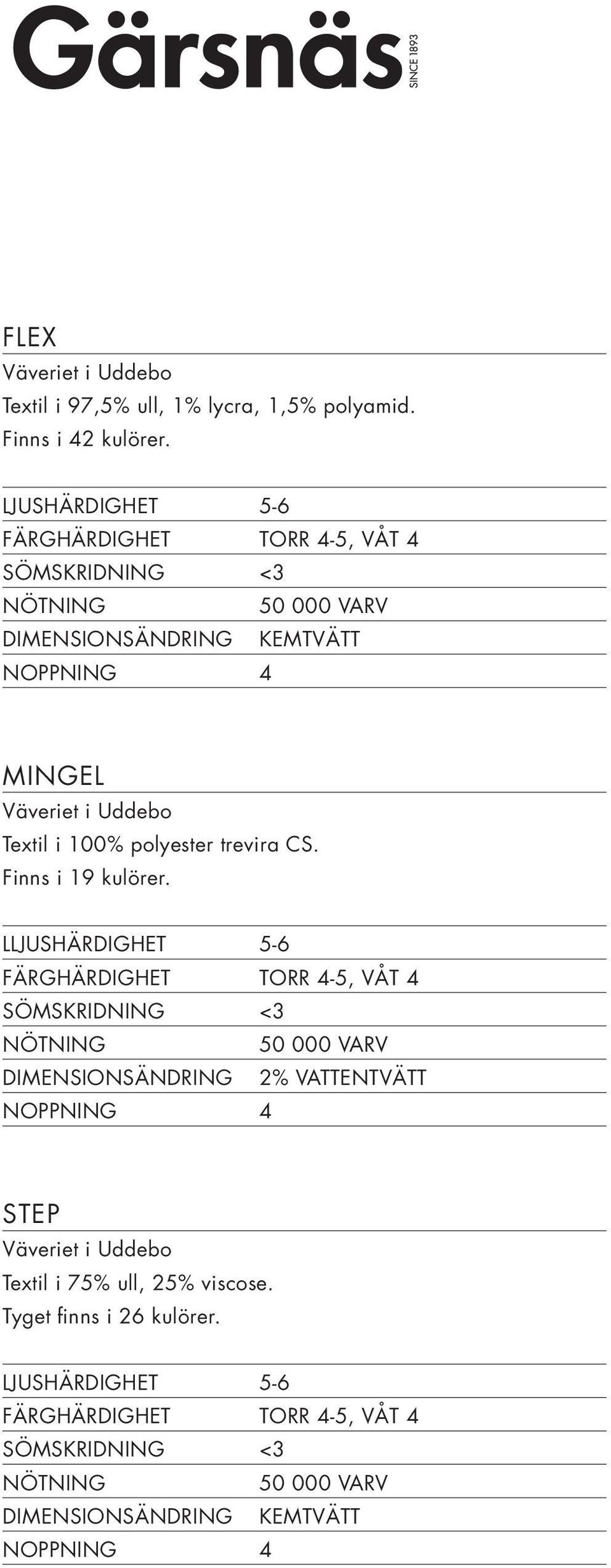 polyester trevira CS. Finns i 19 kulörer.