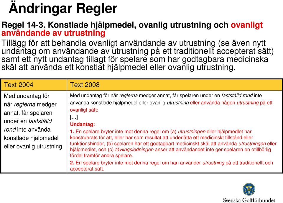 traditionellt accepterat sätt) samt ett nytt undantag tillagt för spelare som har godtagbara medicinska skäl att använda ett konstlat hjälpmedel eller ovanlig utrustning.