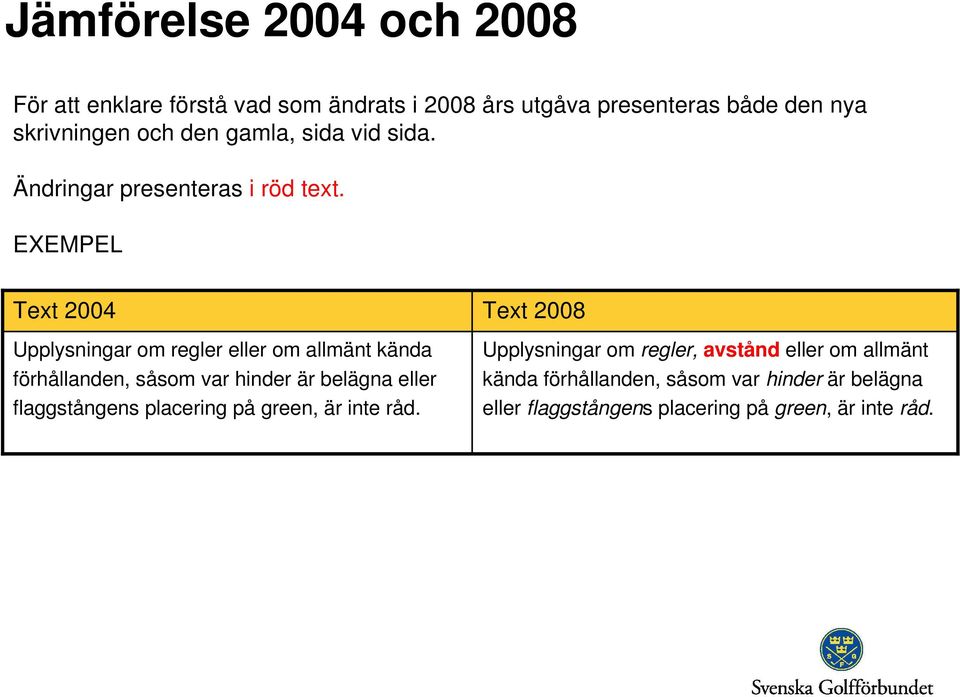 EXEMPEL Upplysningar om regler eller om allmänt kända förhållanden, såsom var hinder är belägna eller flaggstångens