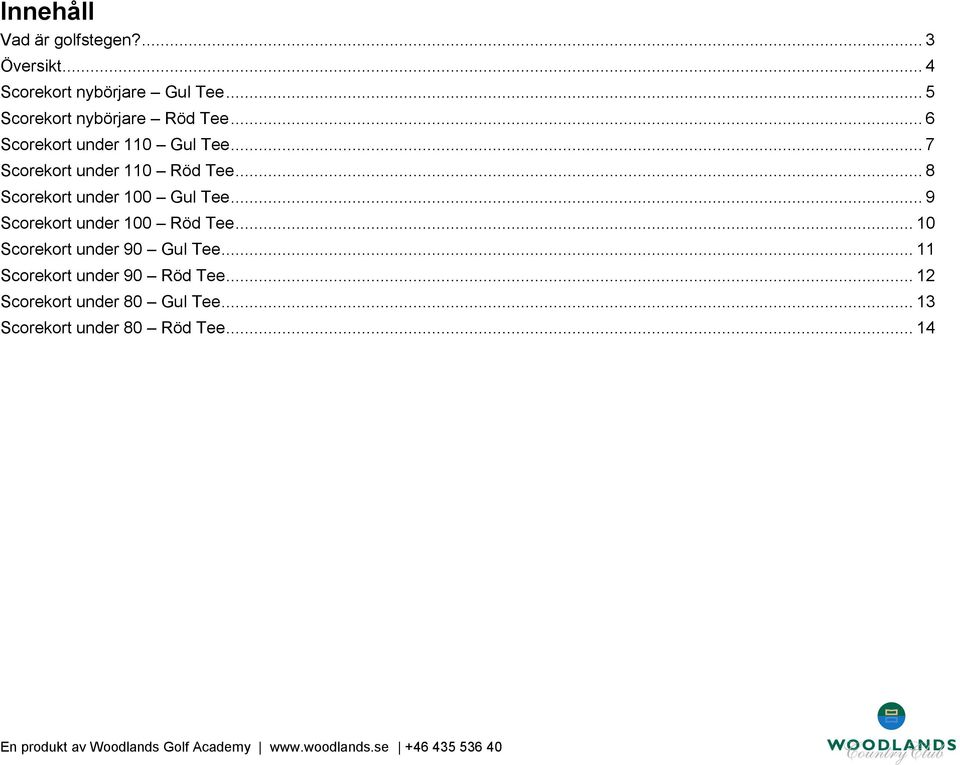 .. 7 Scorekort under 110 Röd Tee... 8 Scorekort under 100 Gul Tee.