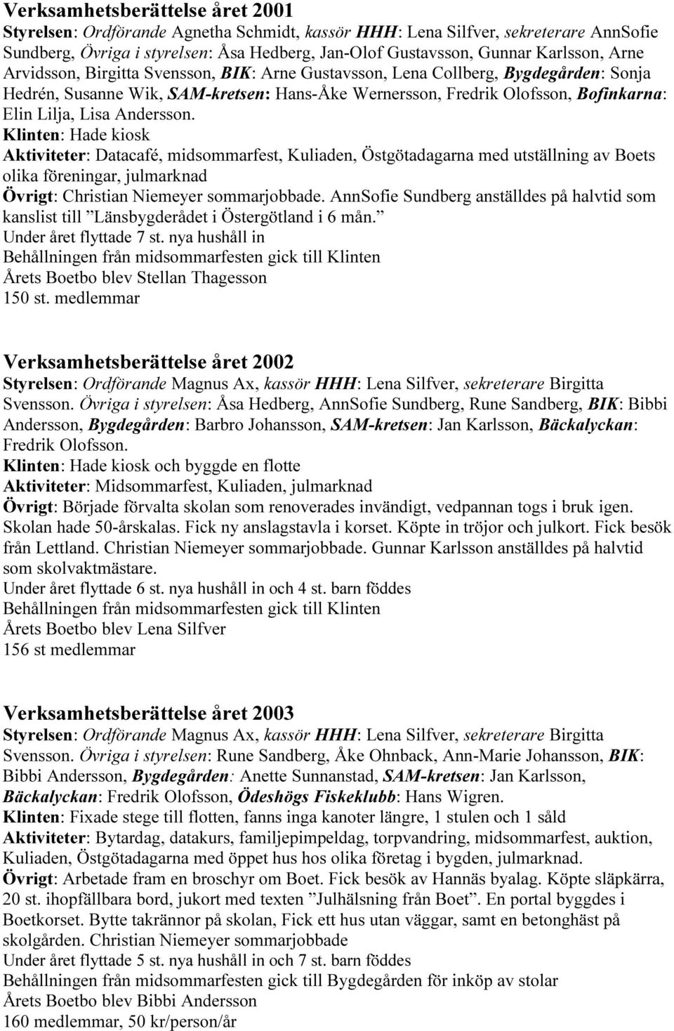 Andersson. Klinten: Hade kiosk Aktiviteter: Datacafé, midsommarfest, Kuliaden, Östgötadagarna med utställning av Boets olika föreningar, julmarknad Övrigt: Christian Niemeyer sommarjobbade.