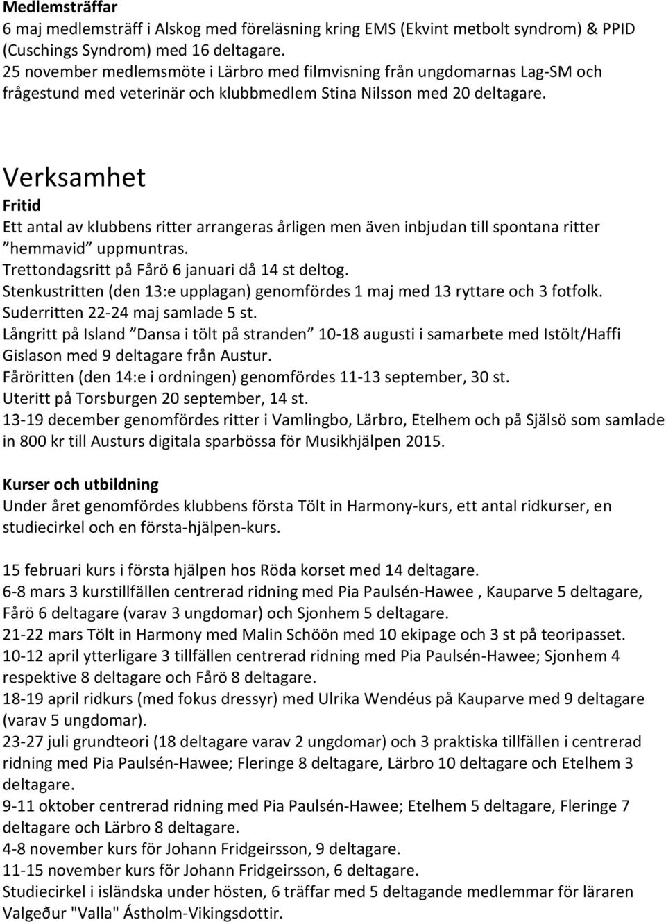 Verksamhet Fritid Ett antal av klubbens ritter arrangeras årligen men även inbjudan till spontana ritter hemmavid uppmuntras. Trettondagsritt på Fårö 6 januari då 14 st deltog.