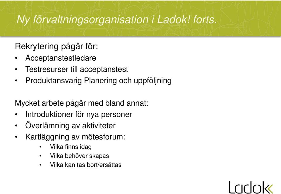 Produktansvarig Planering och uppföljning Mycket arbete pågår med bland annat: