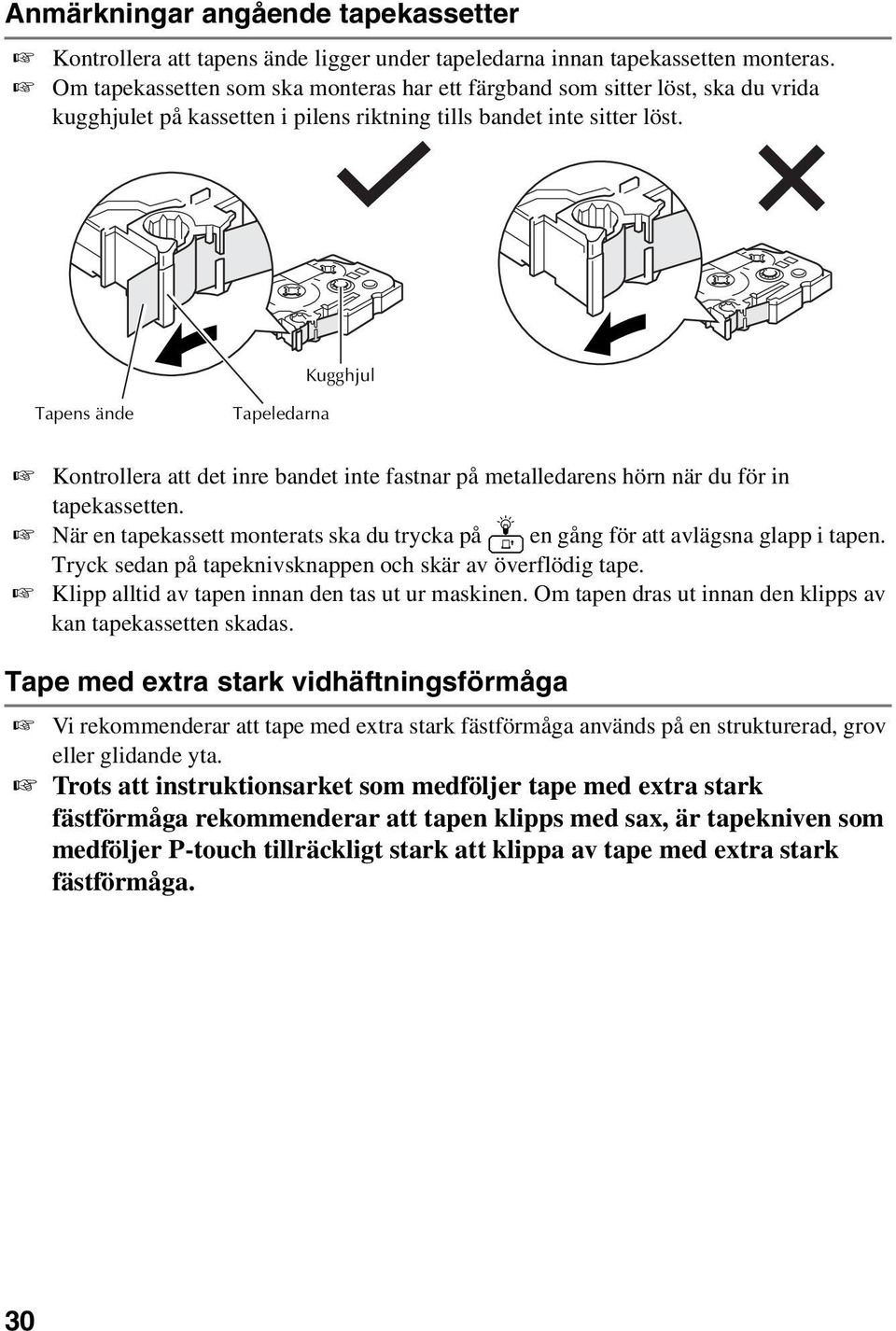 Kugghjul Tapens ände Tapeledarna Kontrollera att det inre bandet inte fastnar på metalledarens hörn när du för in tapekassetten.