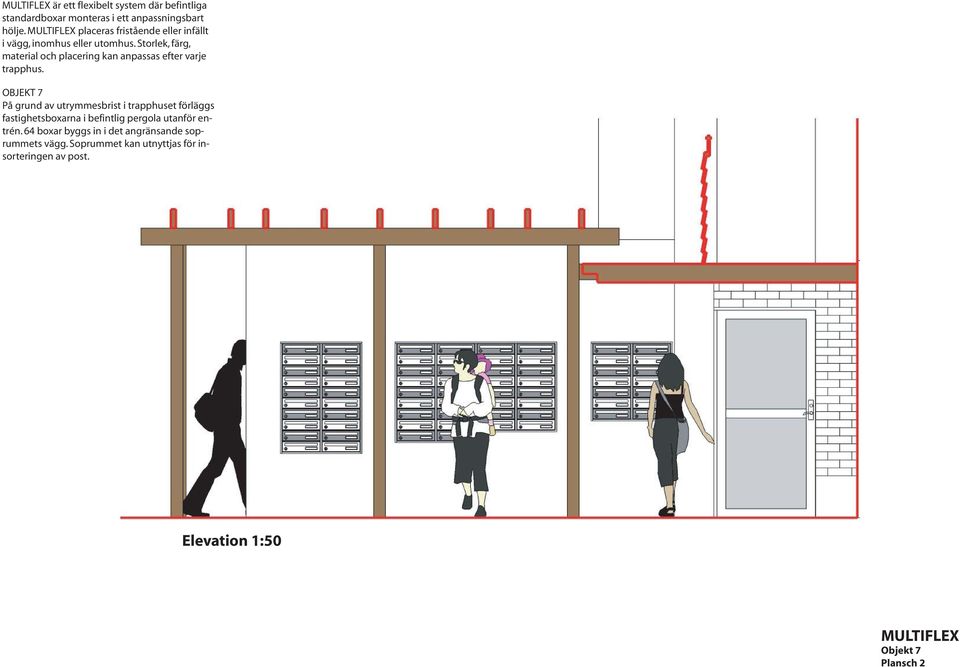 trapphuset förläggs fastighetsboxarna i befintlig pergola utanför entrén.