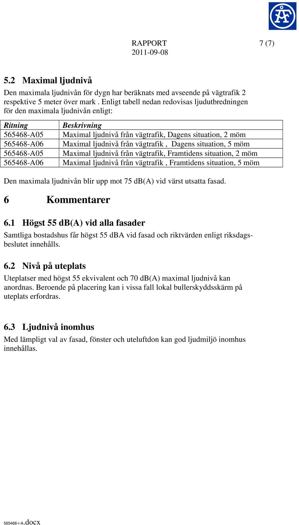 vägtrafik, Dagens situation, 5 ö 565468-A05 Maxial ljudnivå från vägtrafik, Fratidens situation, 2 ö 565468-A06 Maxial ljudnivå från vägtrafik, Fratidens situation, 5 ö Den axiala ljudnivån blir upp