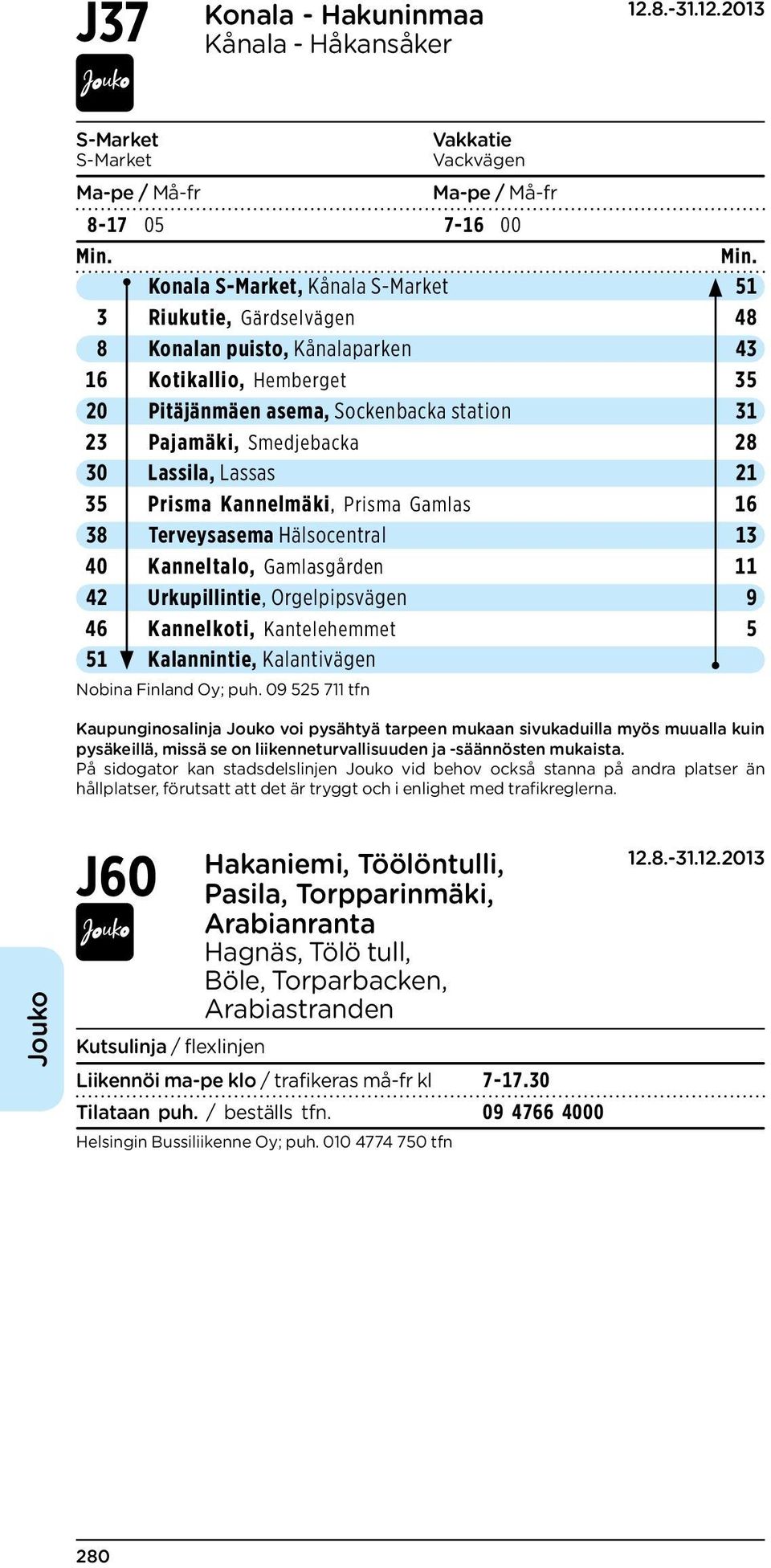 Kanneltalo, Gamlasgården 11 42 Urkupillintie, Orgelpipsvägen 9 46 Kannelkoti, Kantelehemmet 5 51 Kalannintie, Kalantivägen J60 Hakaniemi, Töölöntulli, Pasila, Torpparinmäki, Arabianranta Hagnäs, Tölö