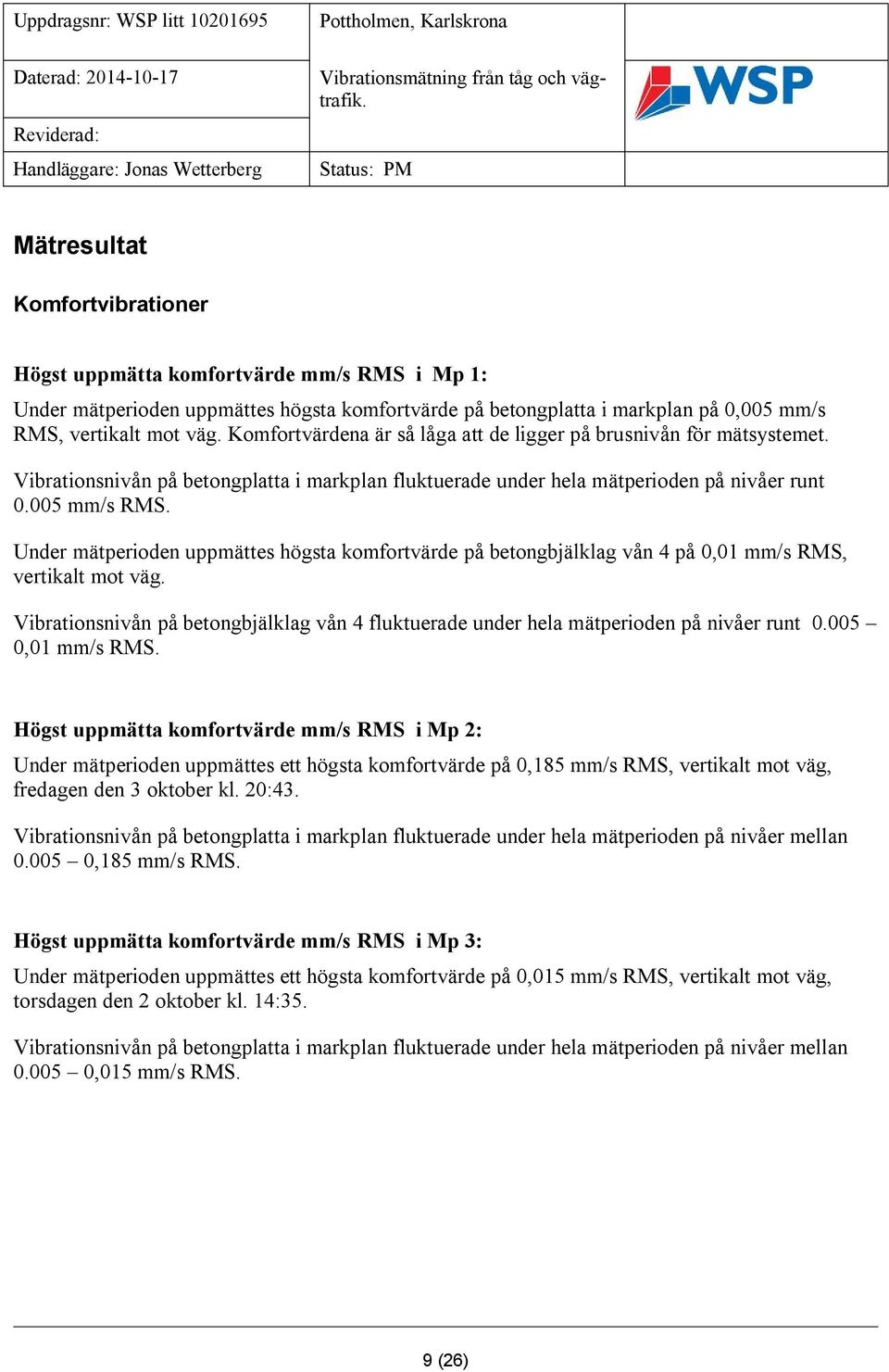 Under mätperioden uppmättes högsta komfortvärde på betongbjälklag vån 4 på 0,01 mm/s RMS, vertikalt mot väg.