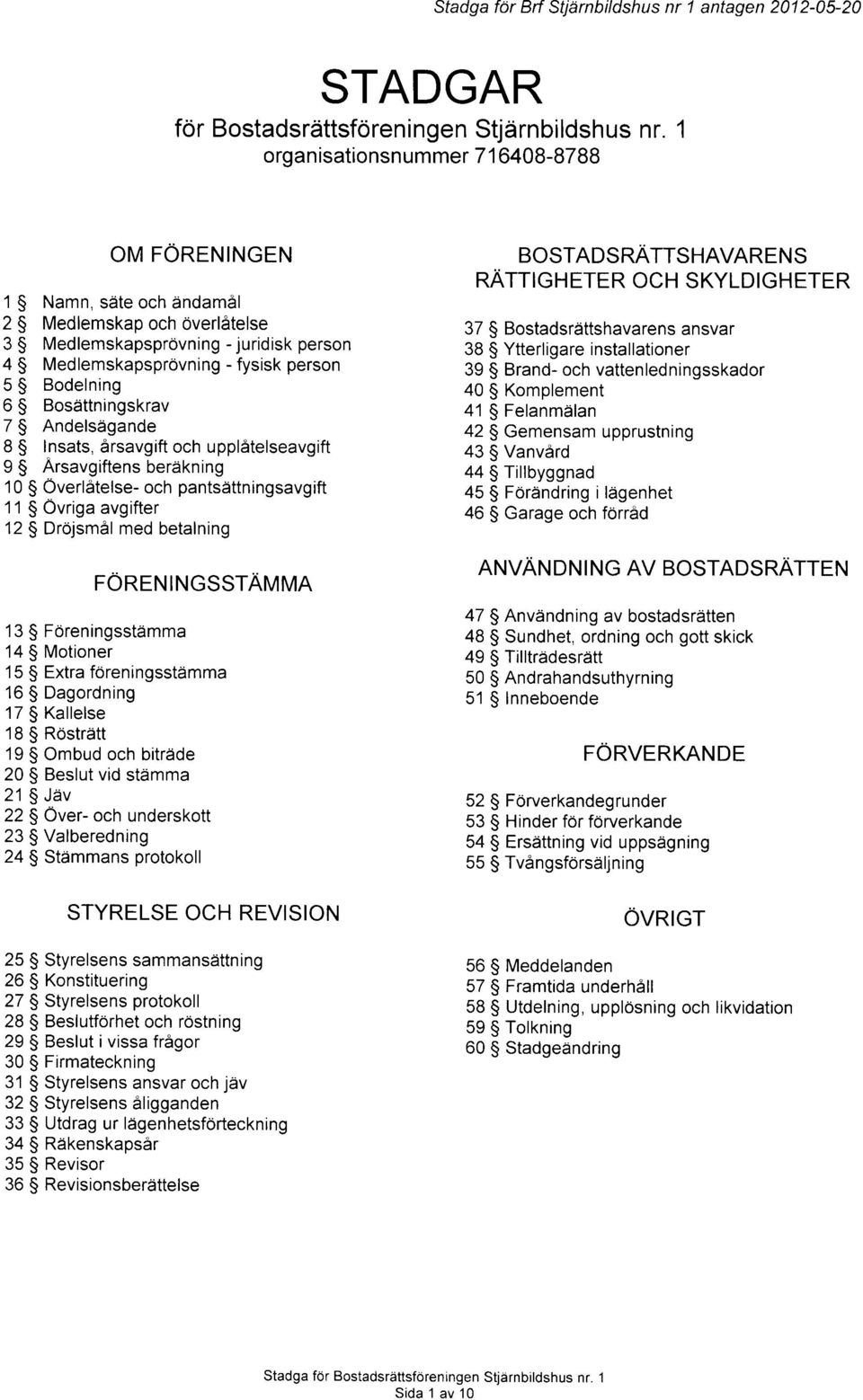 Bodelning 6 S Bosdttningskrav 7 S Andelsaigande I S Insats, irsavgift och upplatelseavgift 9 S Arsavgiftens berdkning 10 $ Overl6telse- och pantsdttningsavgift 1'1 $ Ovriga avgifter 12 $ Drojsmil med