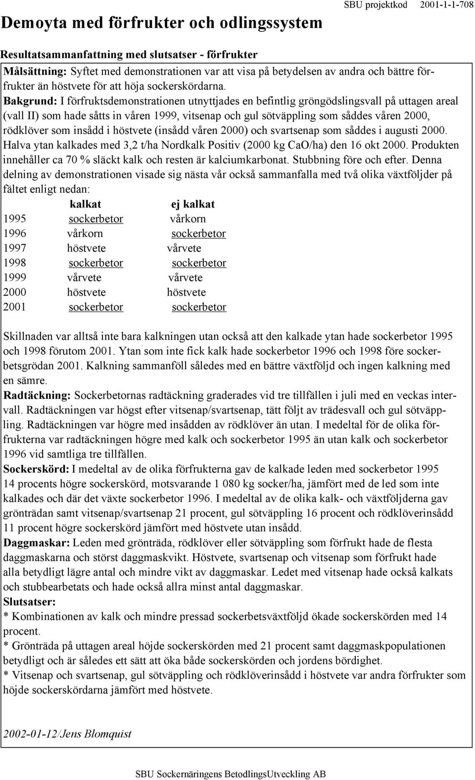 Bakgrund: I förfruktsdemonstrationen utnyttjades en befintlig gröngödslingsvall på uttagen areal (vall II) som hade såtts in våren 1999, vitsenap och gul sötväppling som såddes våren 2000, rödklöver