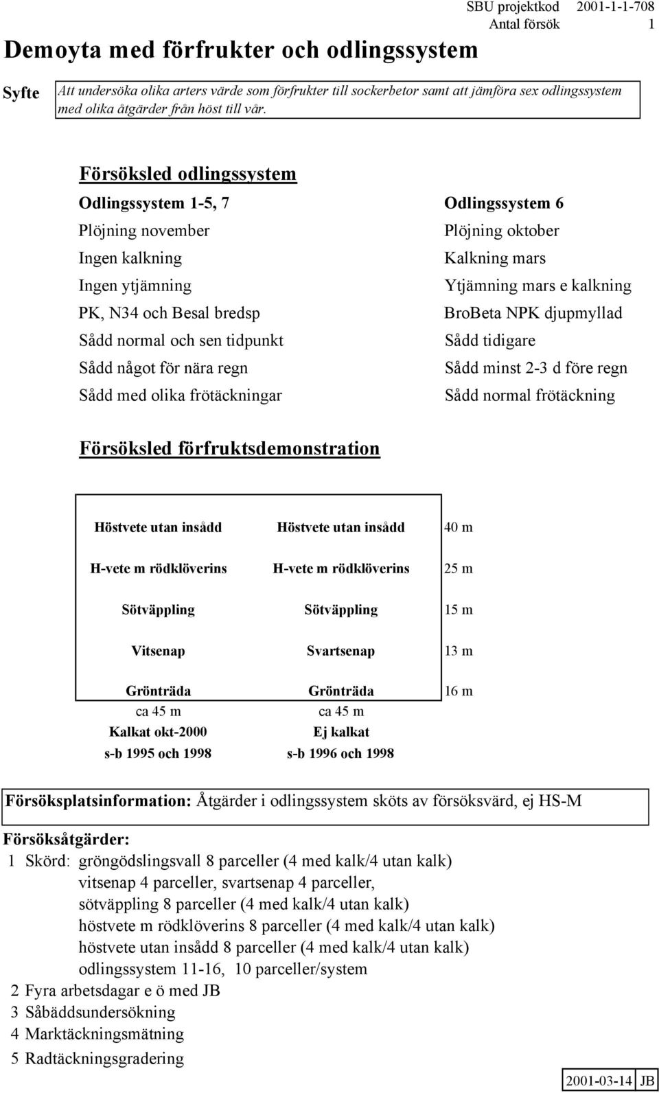 Försöksled odlingssystem Odlingssystem 1-5, 7 Odlingssystem 6 Plöjning november Plöjning oktober Ingen kalkning Kalkning mars Ingen ytjämning Ytjämning mars e kalkning PK, N34 och Besal bredsp