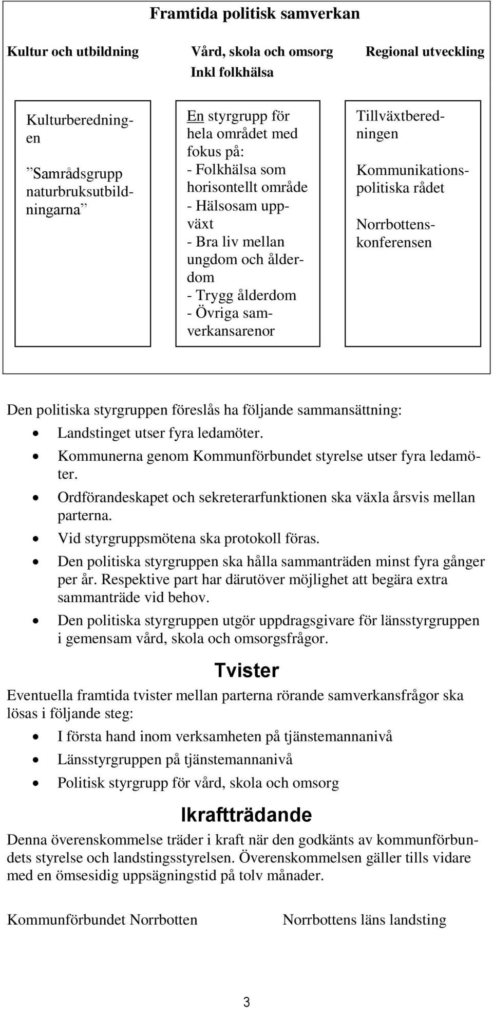 Norrbottenskonferensen Den politiska styrgruppen föreslås ha följande sammansättning: Landstinget utser fyra ledamöter. Kommunerna genom Kommunförbundet styrelse utser fyra ledamöter.