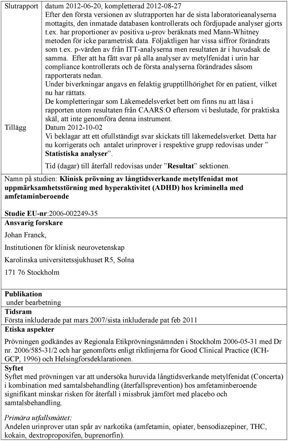 Efter att ha fått svar på alla analyser av metylfenidat i urin har compliance kontrollerats och de första analyserna förändrades såsom rapporterats nedan.