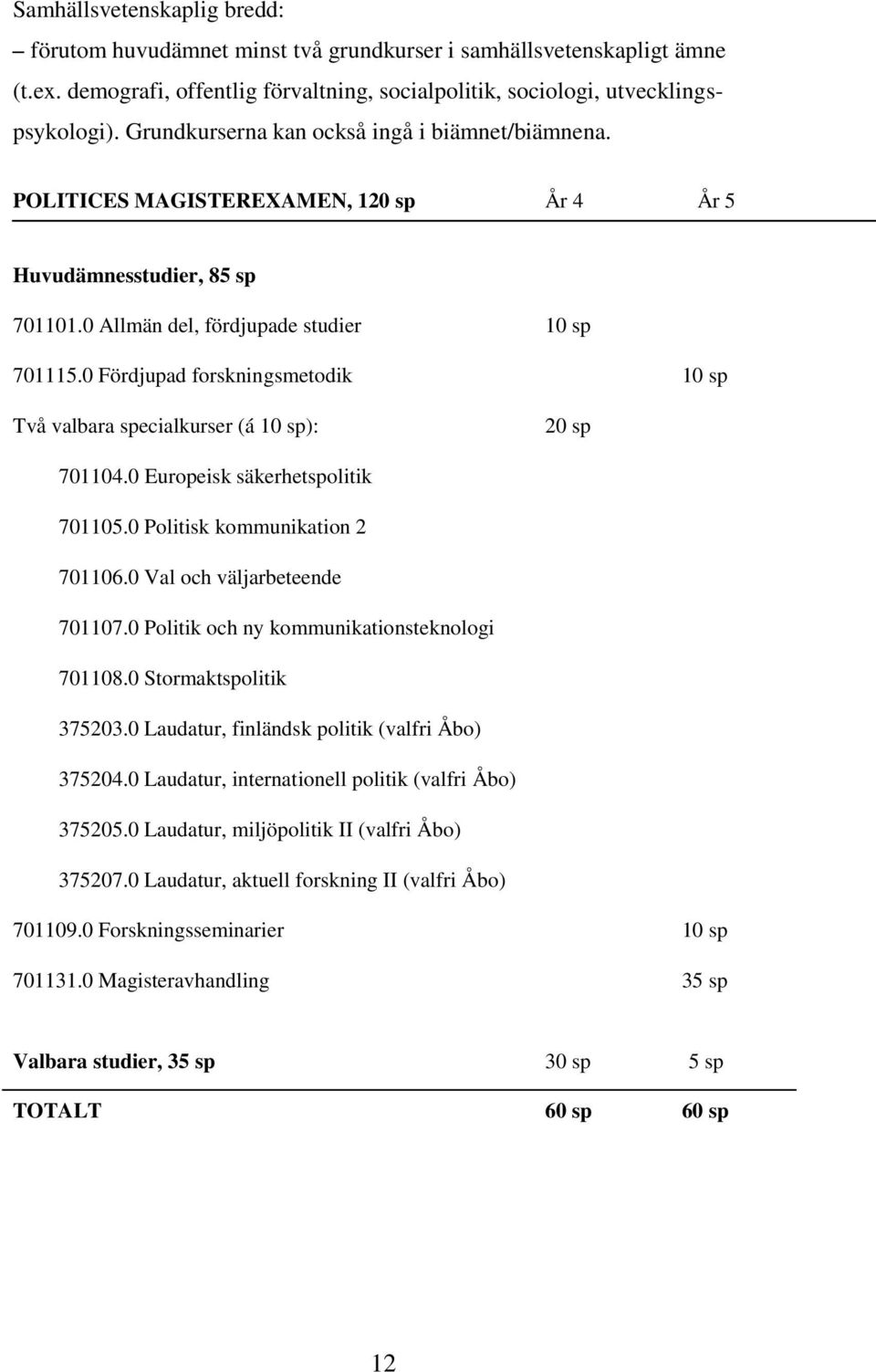 0 Fördjupad forskningsmetodik 10 sp Två valbara specialkurser (á 10 sp): 20 sp 701104.0 Europeisk säkerhetspolitik 701105.0 Politisk kommunikation 2 701106.0 Val och väljarbeteende 701107.