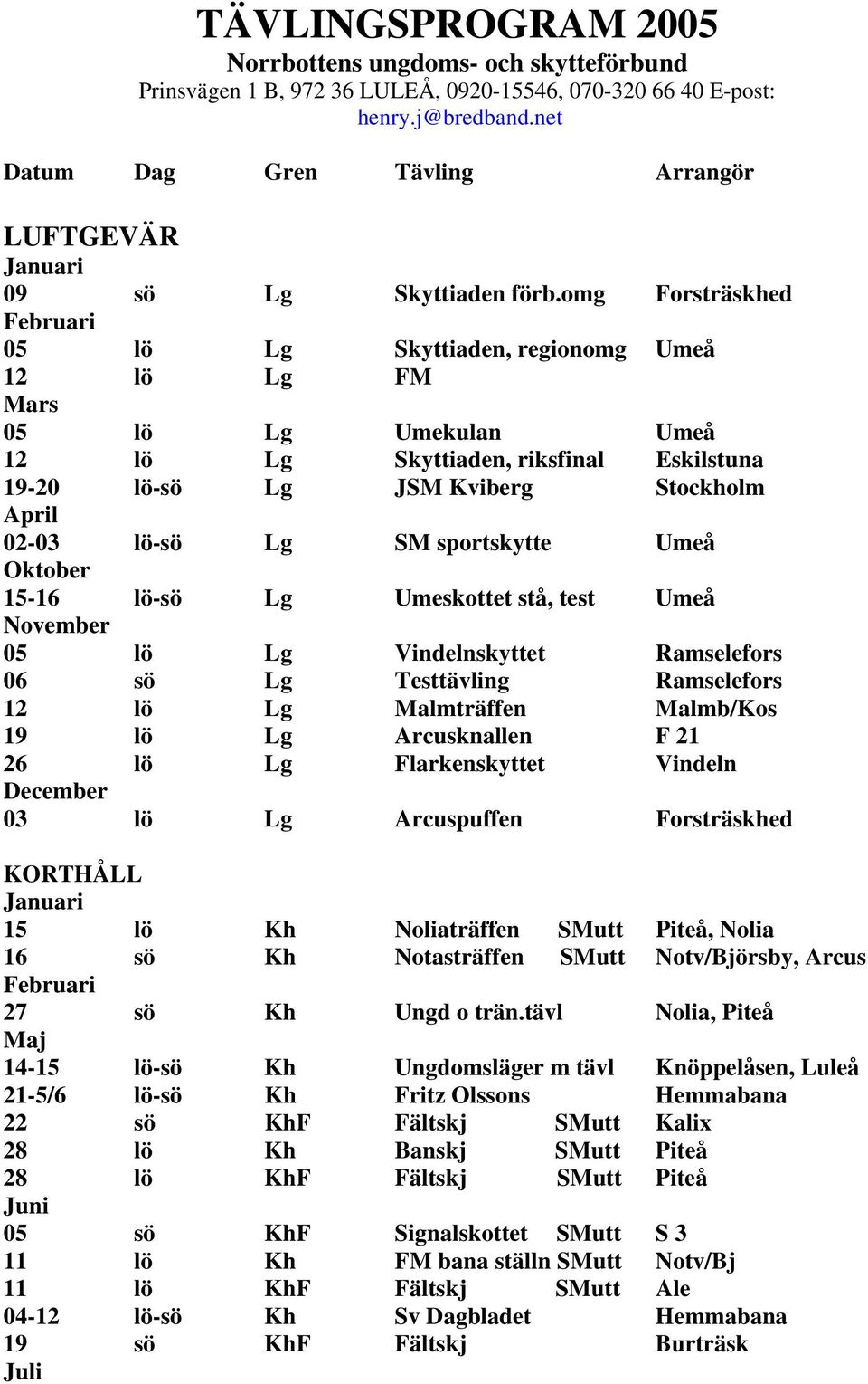 omg Forsträskhed 05 lö Lg Skyttiaden, regionomg Umeå 12 lö Lg FM 05 lö Lg Umekulan Umeå 12 lö Lg Skyttiaden, riksfinal Eskilstuna 19-20 lö-sö Lg JSM Kviberg Stockholm 02-03 lö-sö Lg SM sportskytte